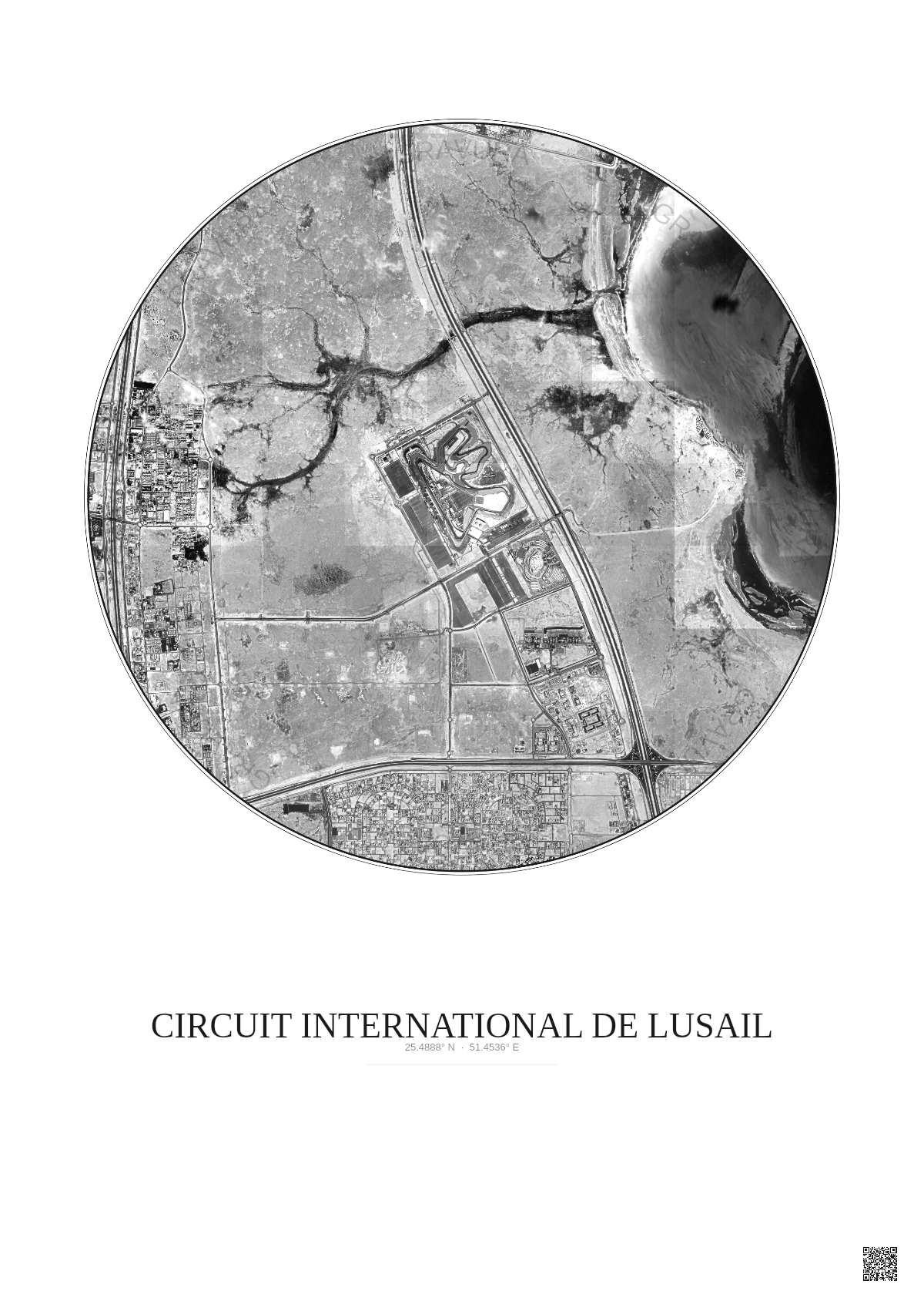 Affiche Circuit International De Lusail – Poster vue satellite 5km N&B | Gravura – Fond clair
