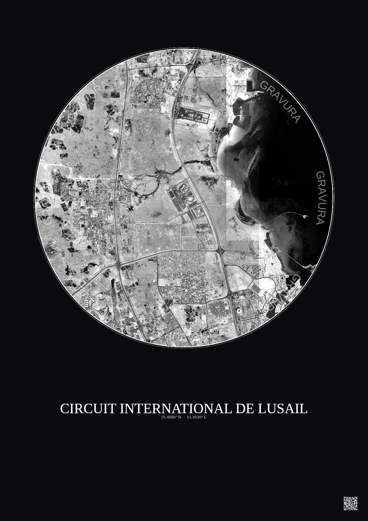 Affiche Circuit International De Lusail – Poster vue satellite 10km N&B | Gravura – Fond foncé
