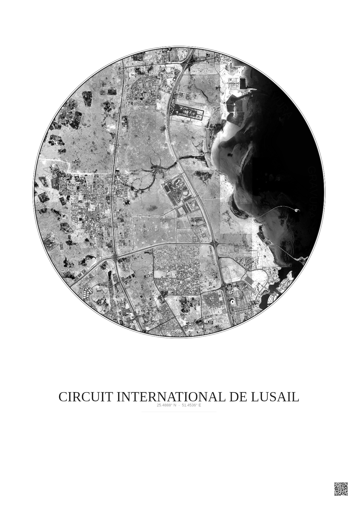 Affiche Circuit International De Lusail – Poster vue satellite 10km N&B | Gravura – Fond clair