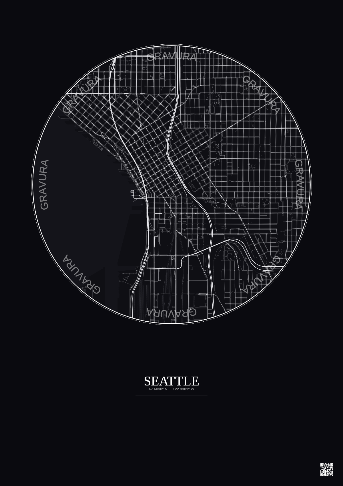 Affiche Seattle – Poster carte de ville 2.5km | Gravura – Fond foncé
