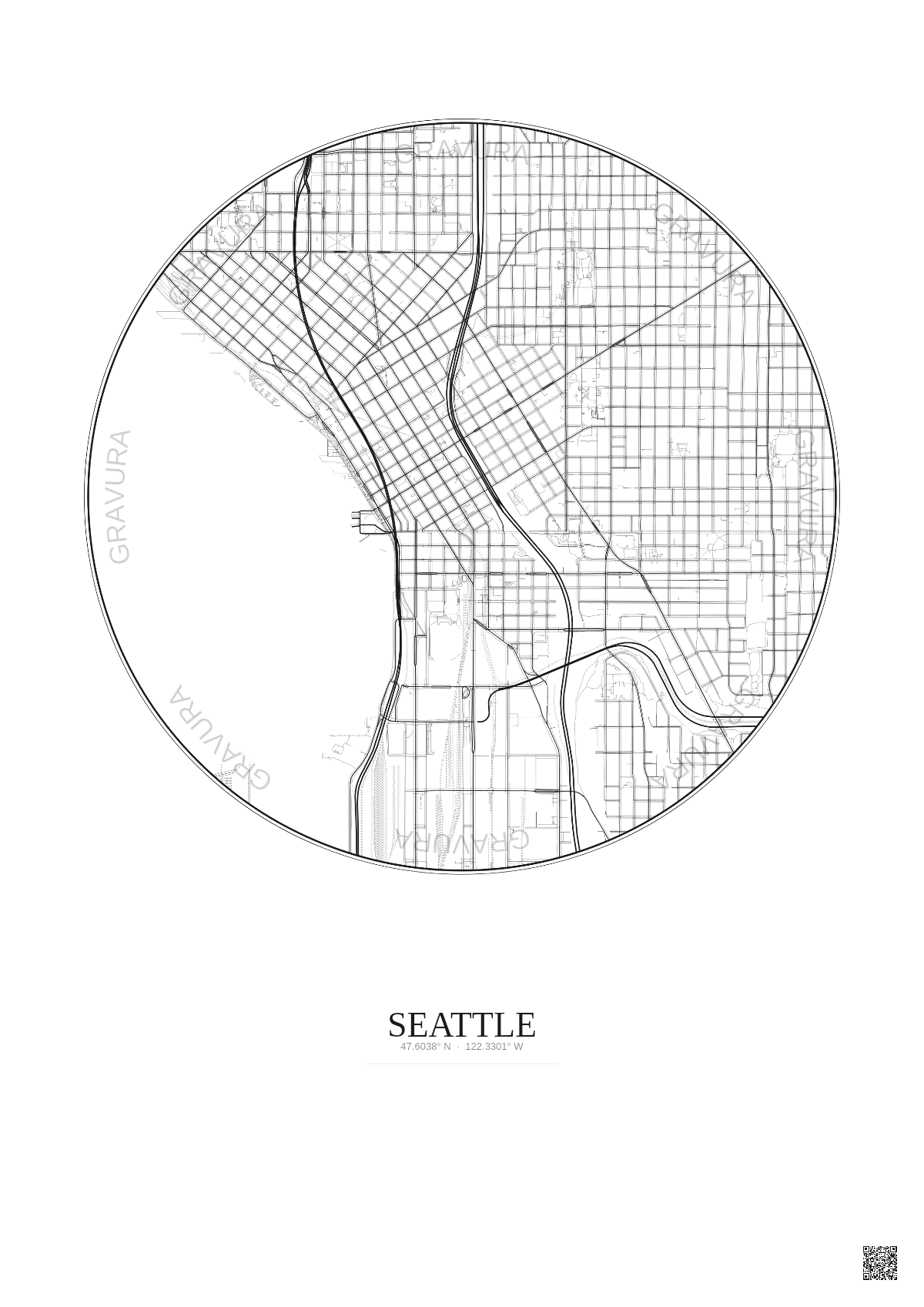 Affiche Seattle – Poster carte de ville 2.5km | Gravura – Fond clair