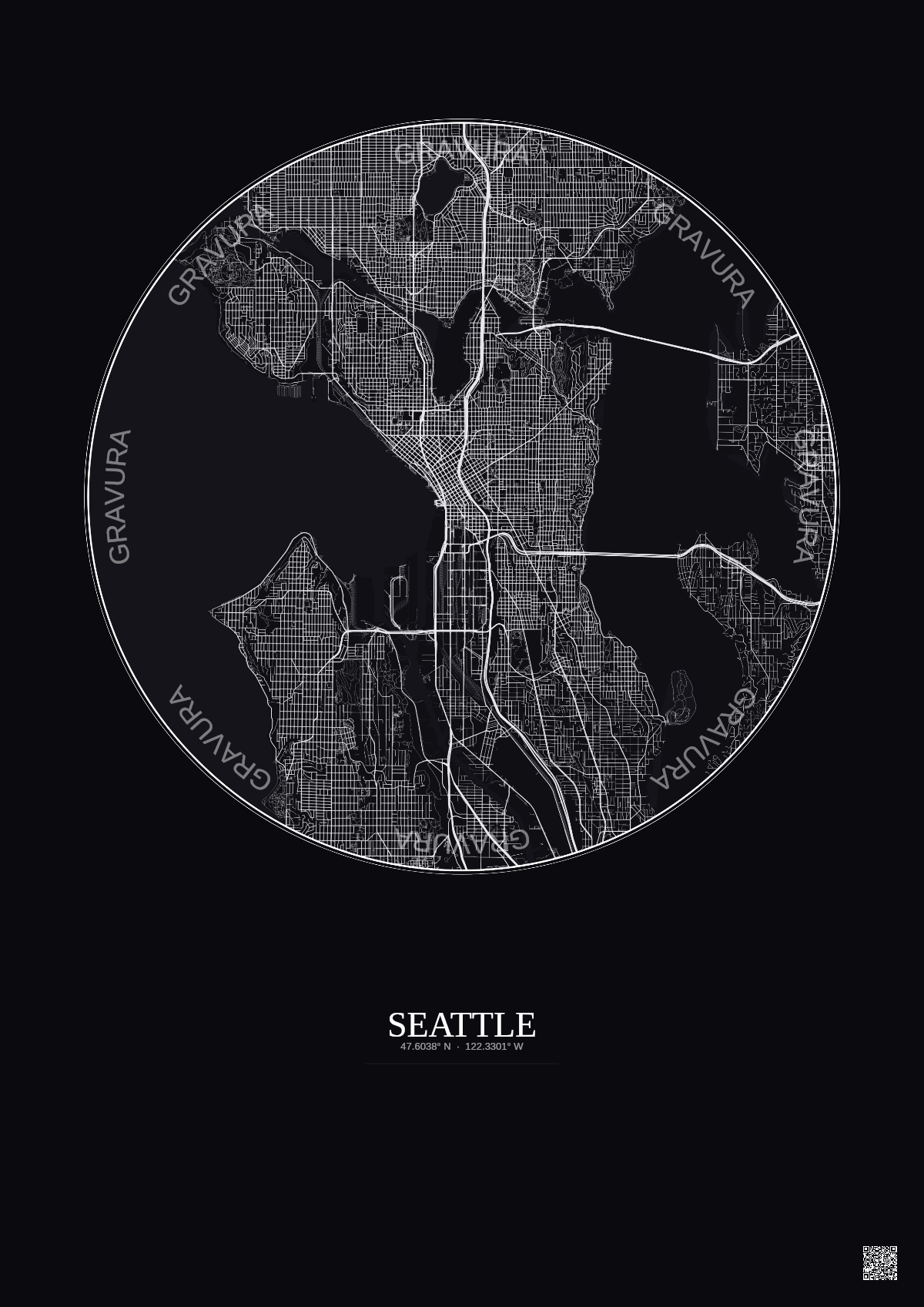Affiche Seattle – Poster carte de ville 10km | Gravura – Fond foncé