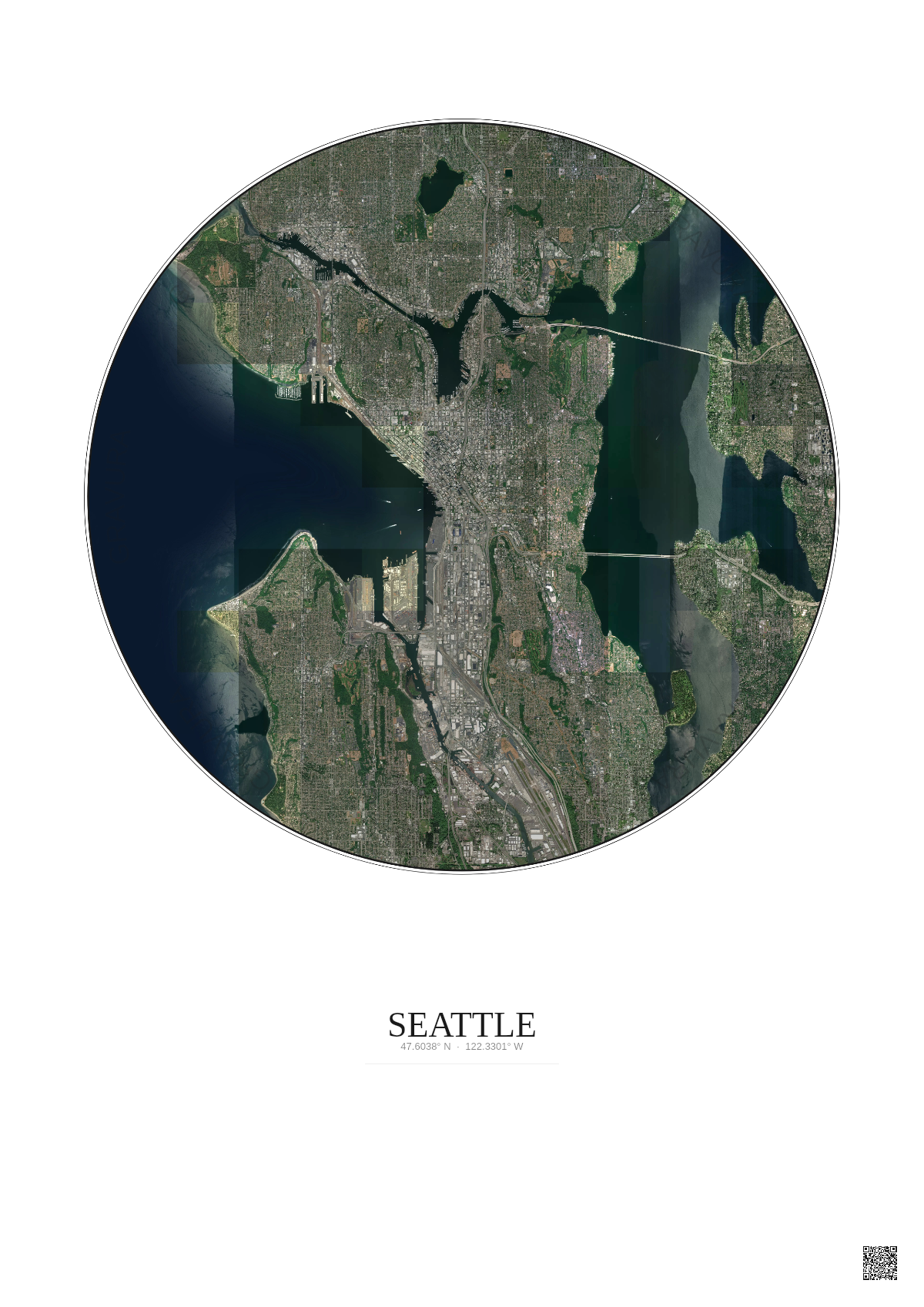 Affiche Seattle – Poster vue satellite 10km Couleur | Gravura – Fond clair