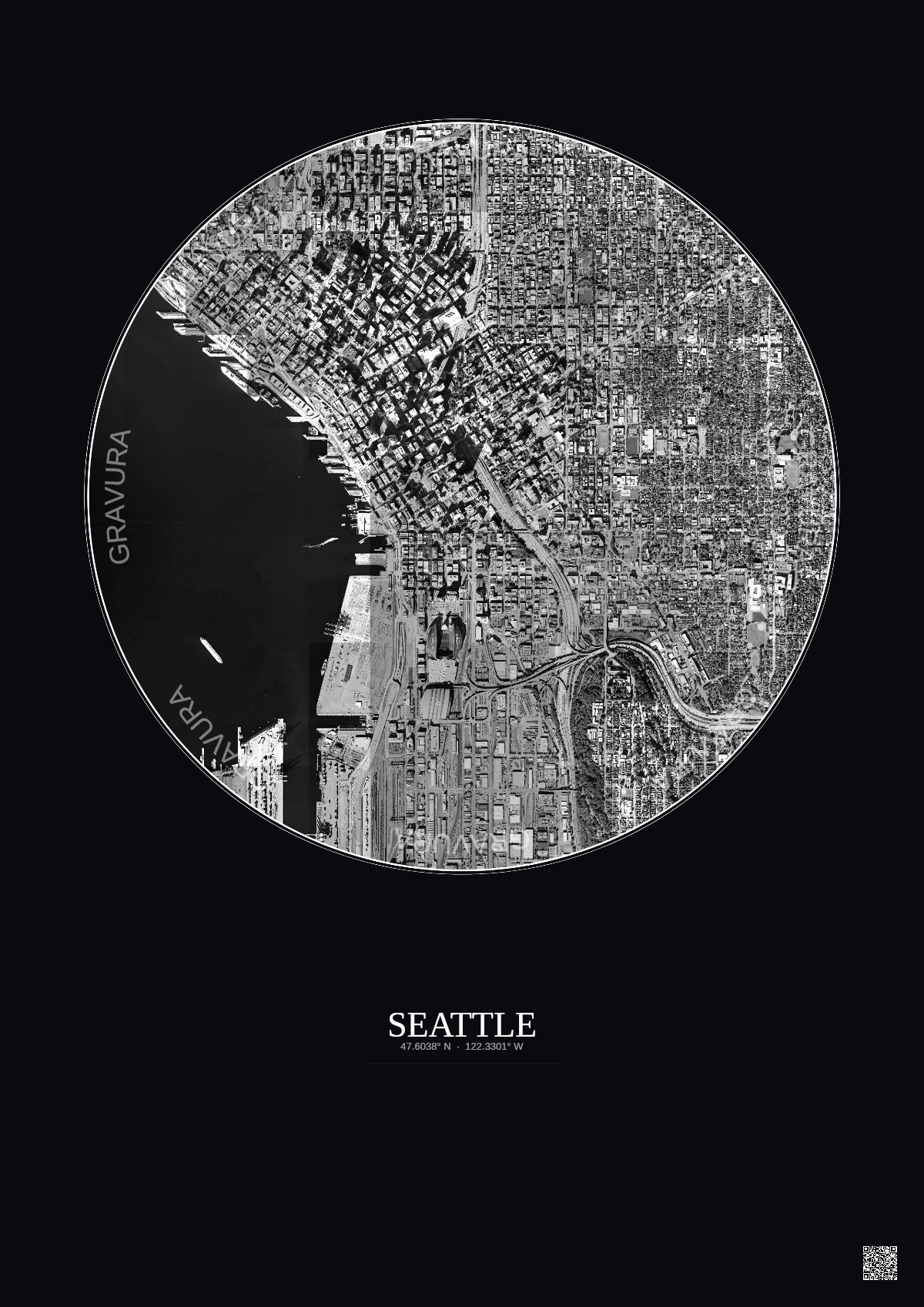 Affiche Seattle – Poster vue satellite 2.5km N&B | Gravura – Fond foncé