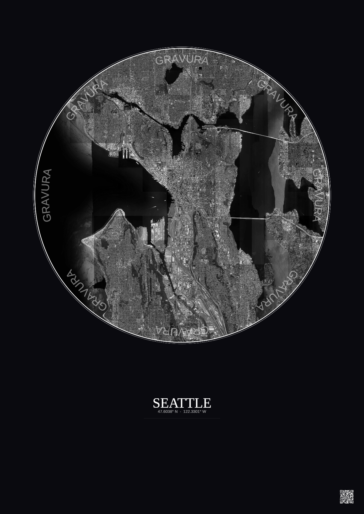 Affiche Seattle – Poster vue satellite 10km N&B | Gravura – Fond foncé