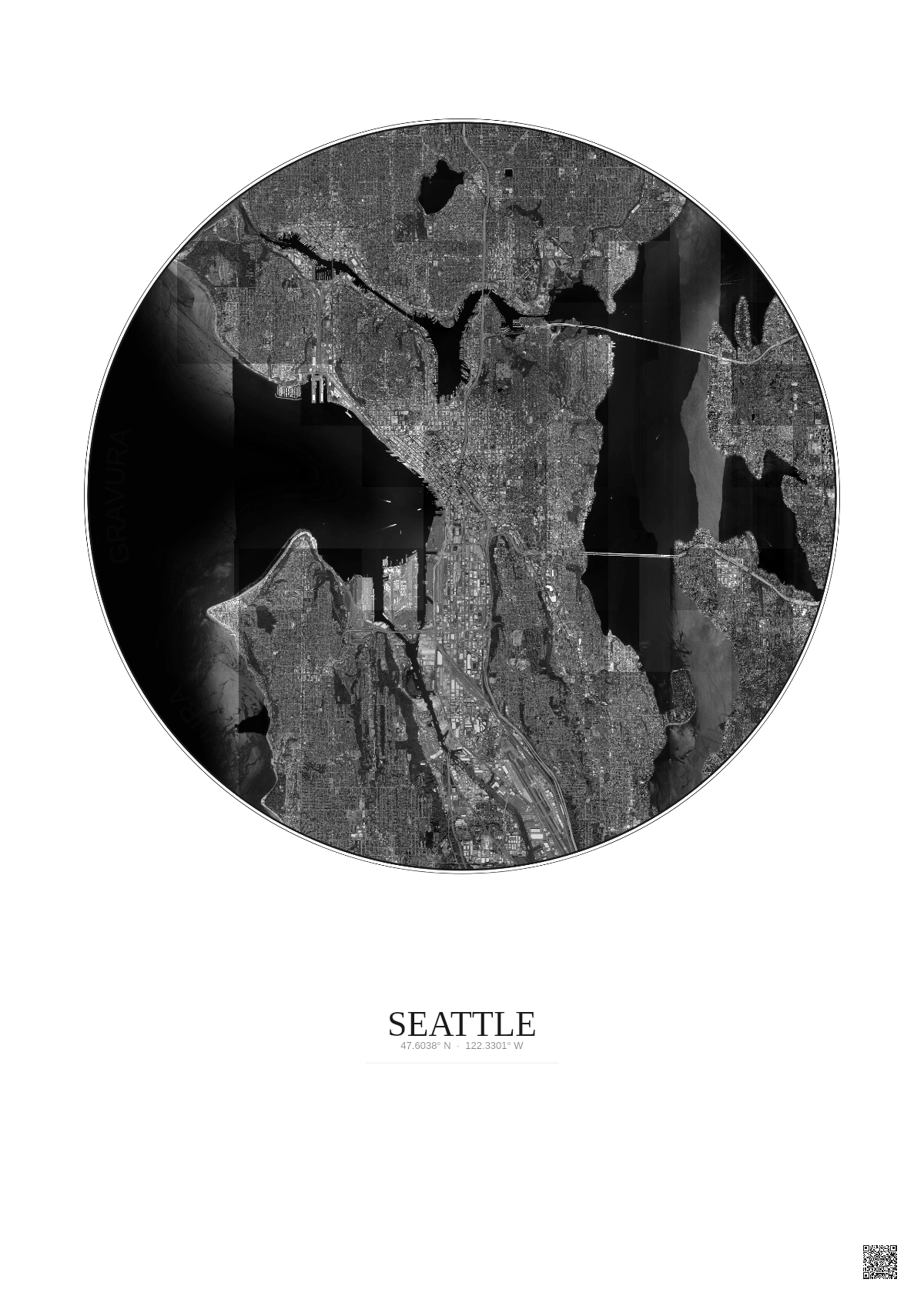 Affiche Seattle – Poster vue satellite 10km N&B | Gravura – Fond clair