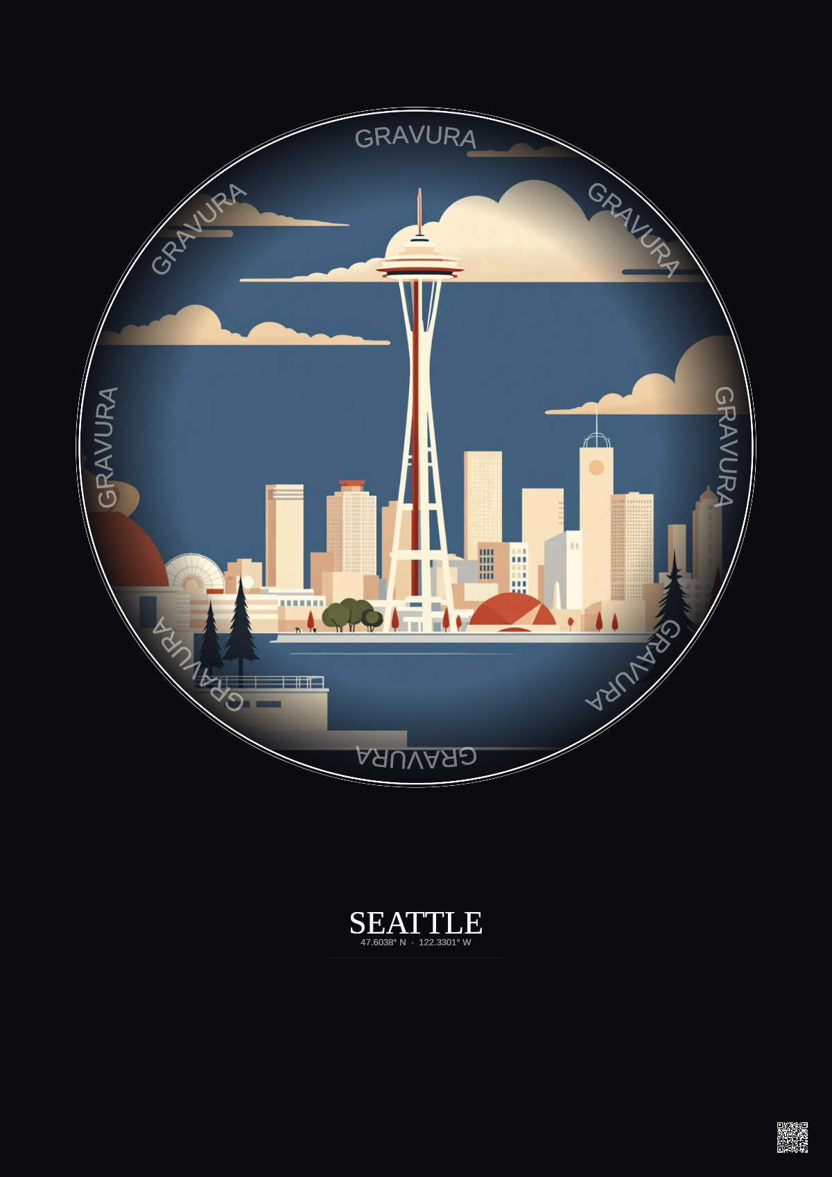Affiche Seattle – Poster illustration vintage – Seattle | Gravura – Fond foncé