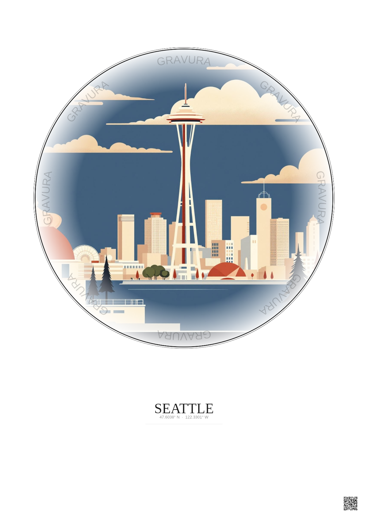 Affiche Seattle – Poster illustration vintage – Seattle | Gravura – Fond clair