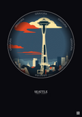 Affiche Seattle – Poster illustration vintage – Space Needle | Gravura – Fond foncé