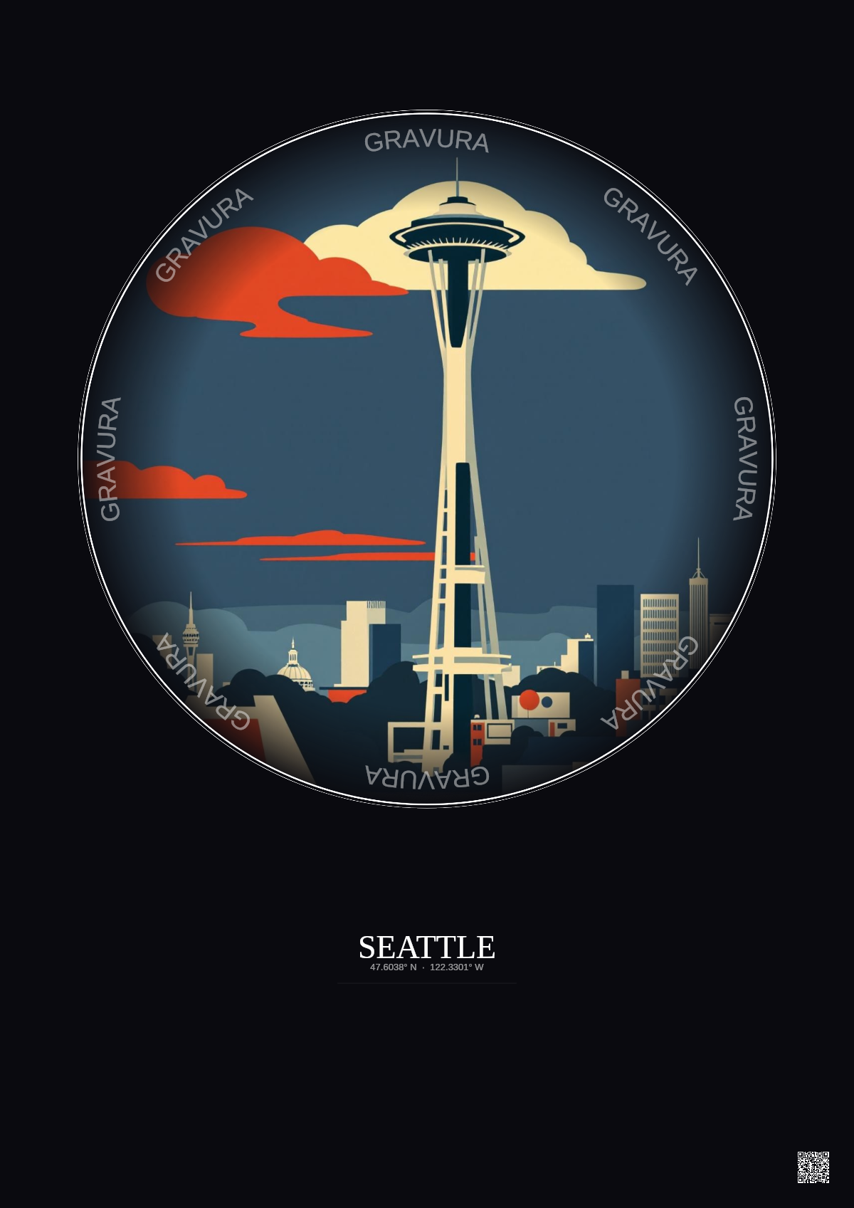 Affiche Seattle – Poster illustration vintage – Space Needle | Gravura – Fond foncé