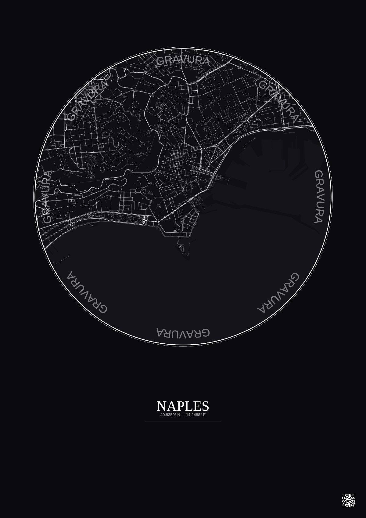 Affiche Naples – Poster carte de ville 2.5km | Gravura – Fond foncé