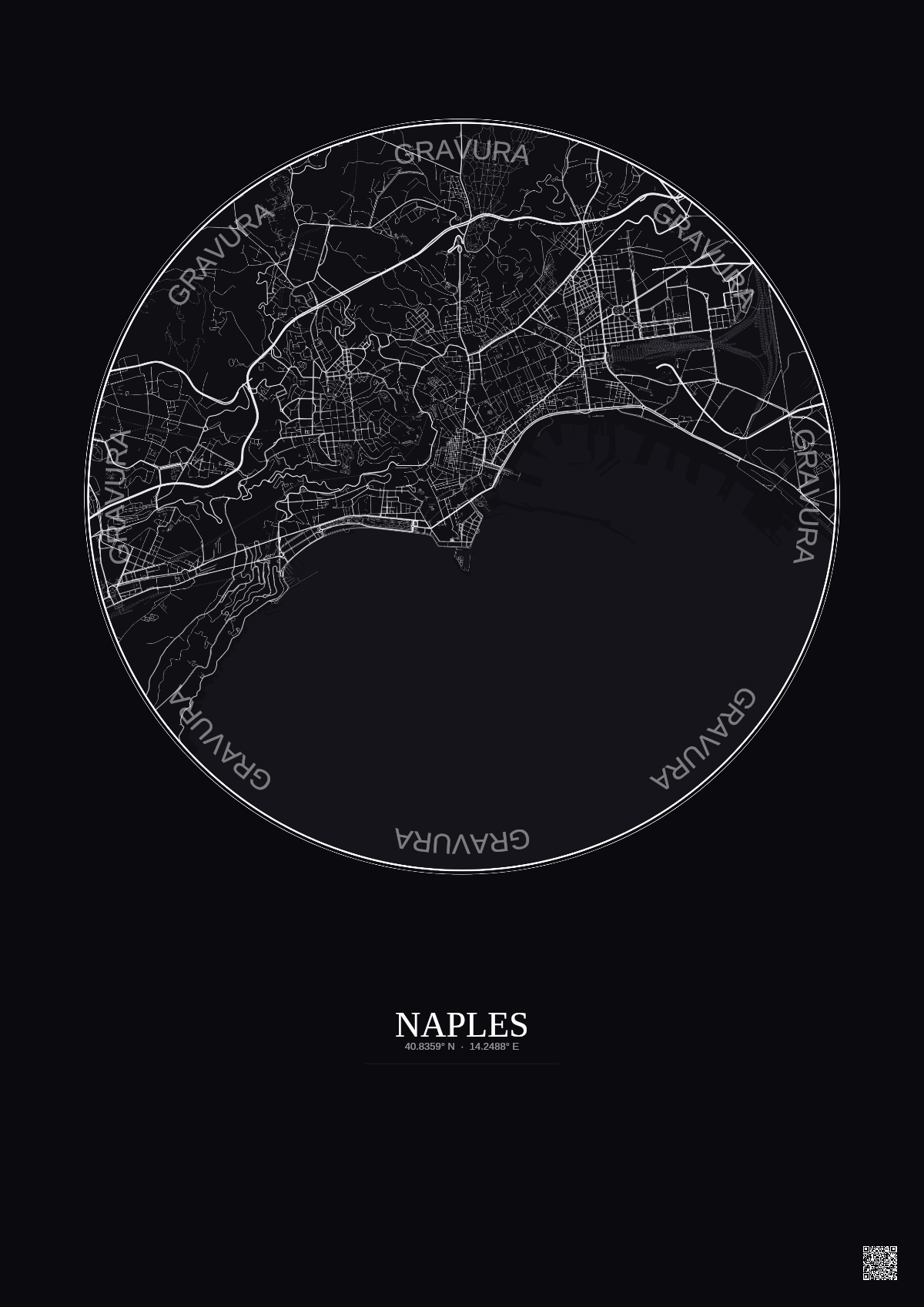 Affiche Naples – Poster carte de ville 5km | Gravura – Fond foncé
