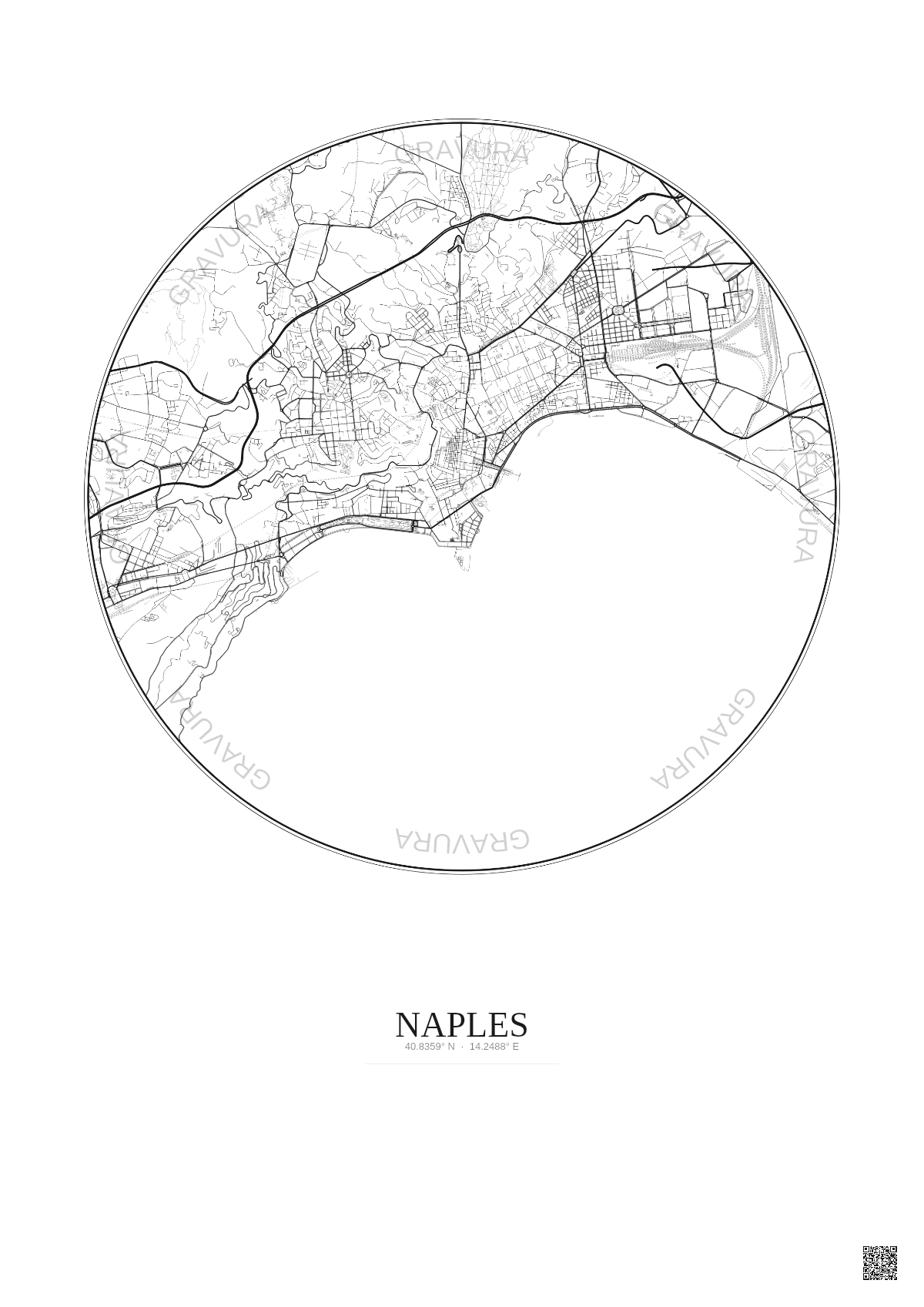 Affiche Naples – Poster carte de ville 5km | Gravura – Fond clair