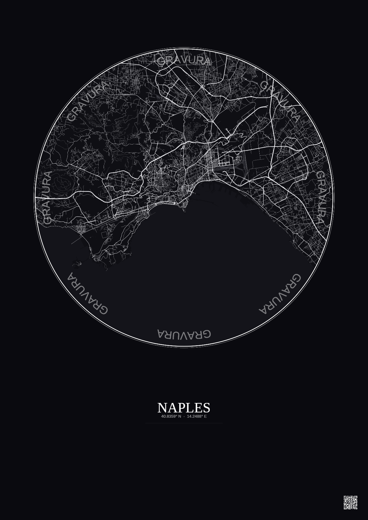 Affiche Naples – Poster carte de ville 10km | Gravura – Fond foncé