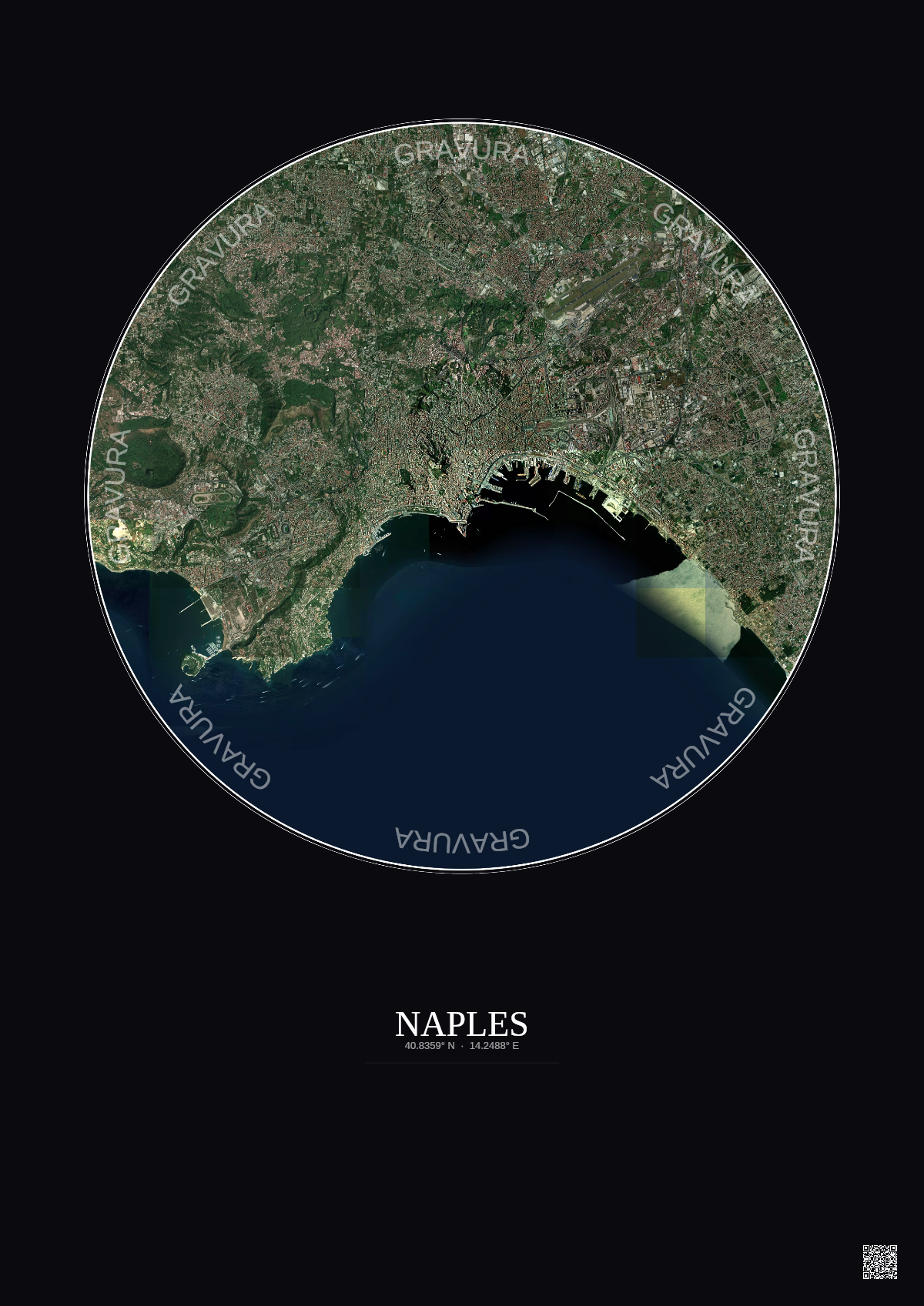 Affiche Naples – Poster vue satellite 10km Couleur | Gravura – Fond foncé