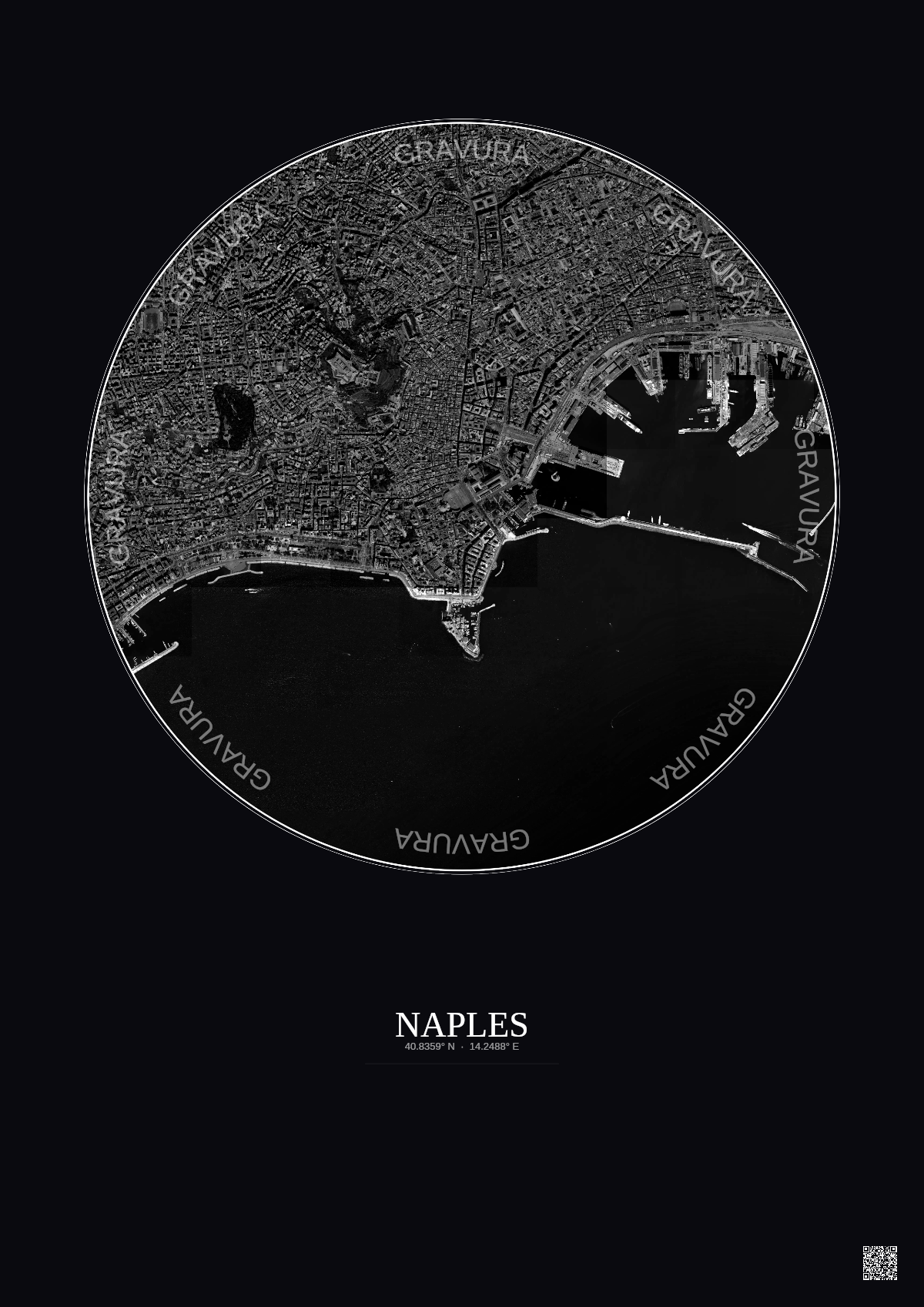 Affiche Naples – Poster vue satellite 2.5km N&B | Gravura – Fond foncé