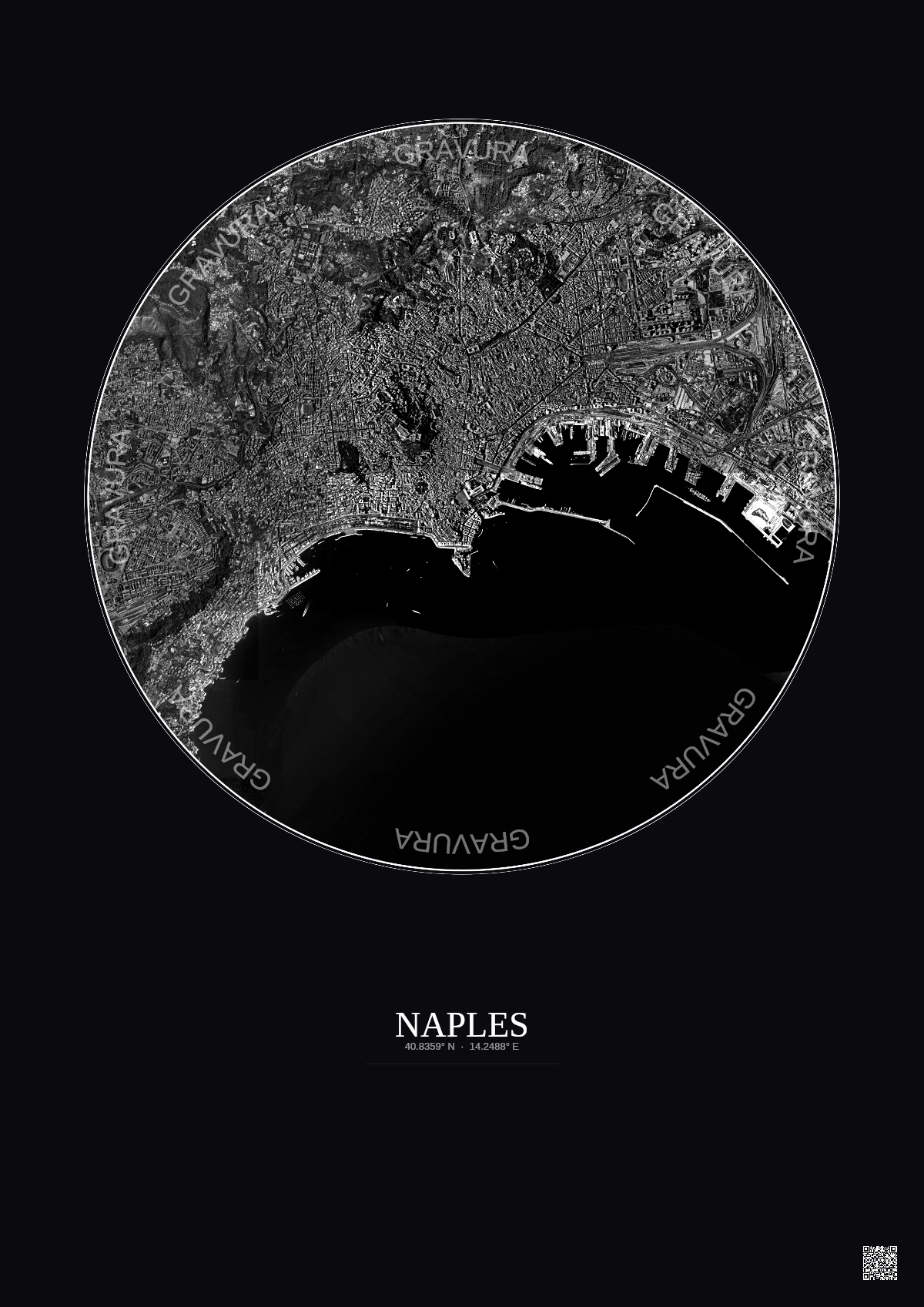 Affiche Naples – Poster vue satellite 5km N&B | Gravura – Fond foncé