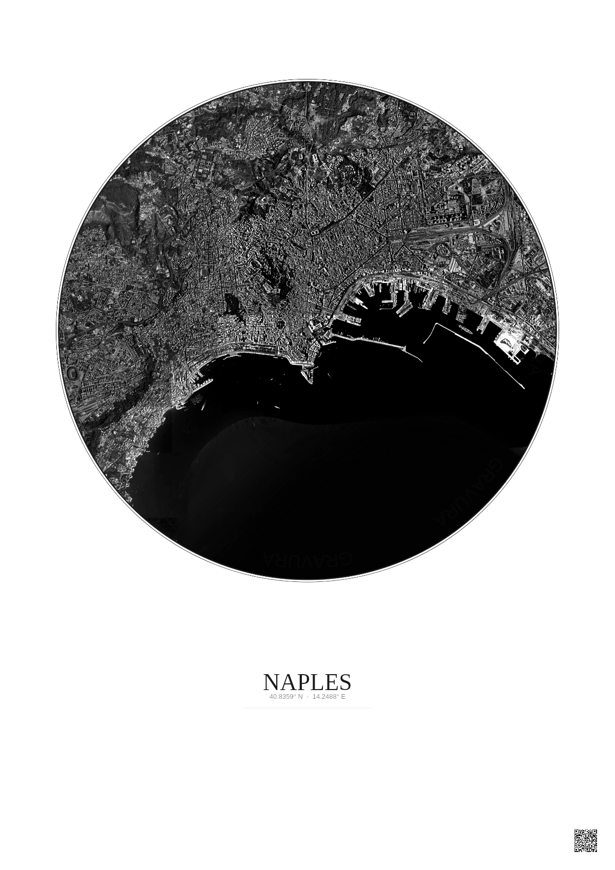 Affiche Naples – Poster vue satellite 5km N&B | Gravura – Fond clair