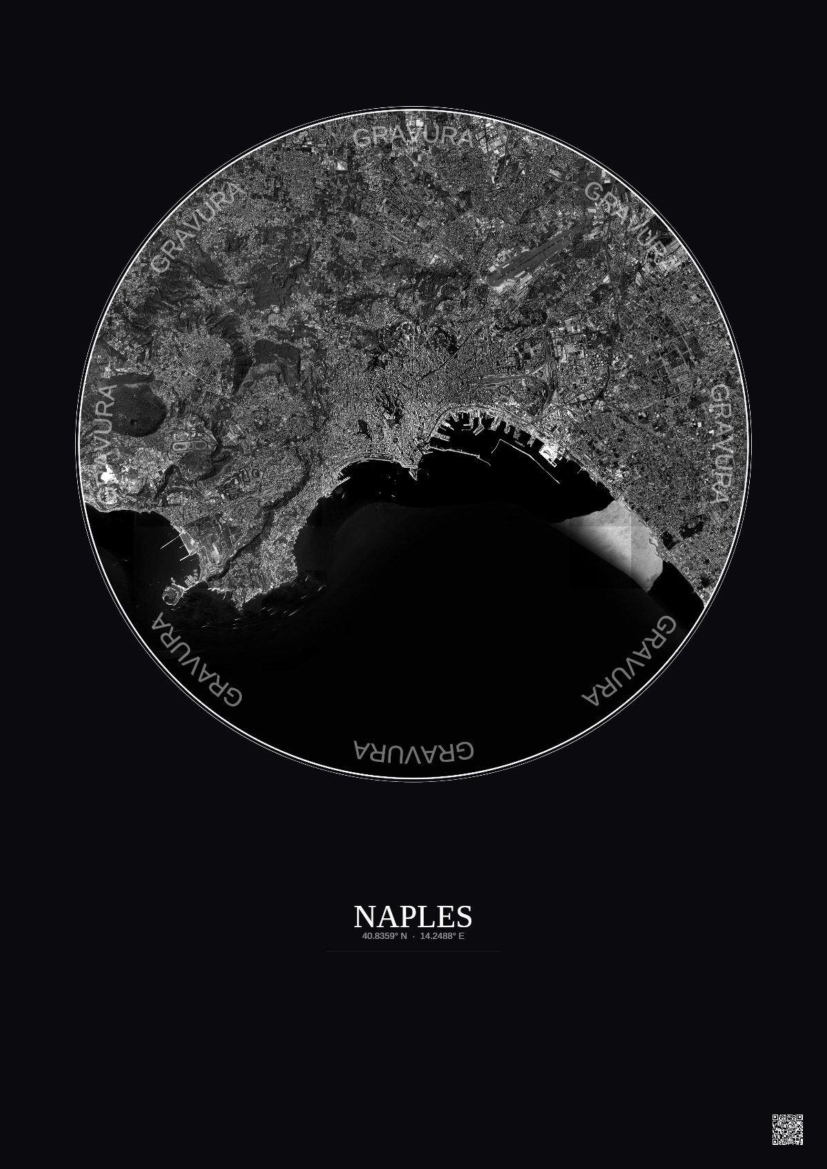 Affiche Naples – Poster vue satellite 10km N&B | Gravura – Fond foncé