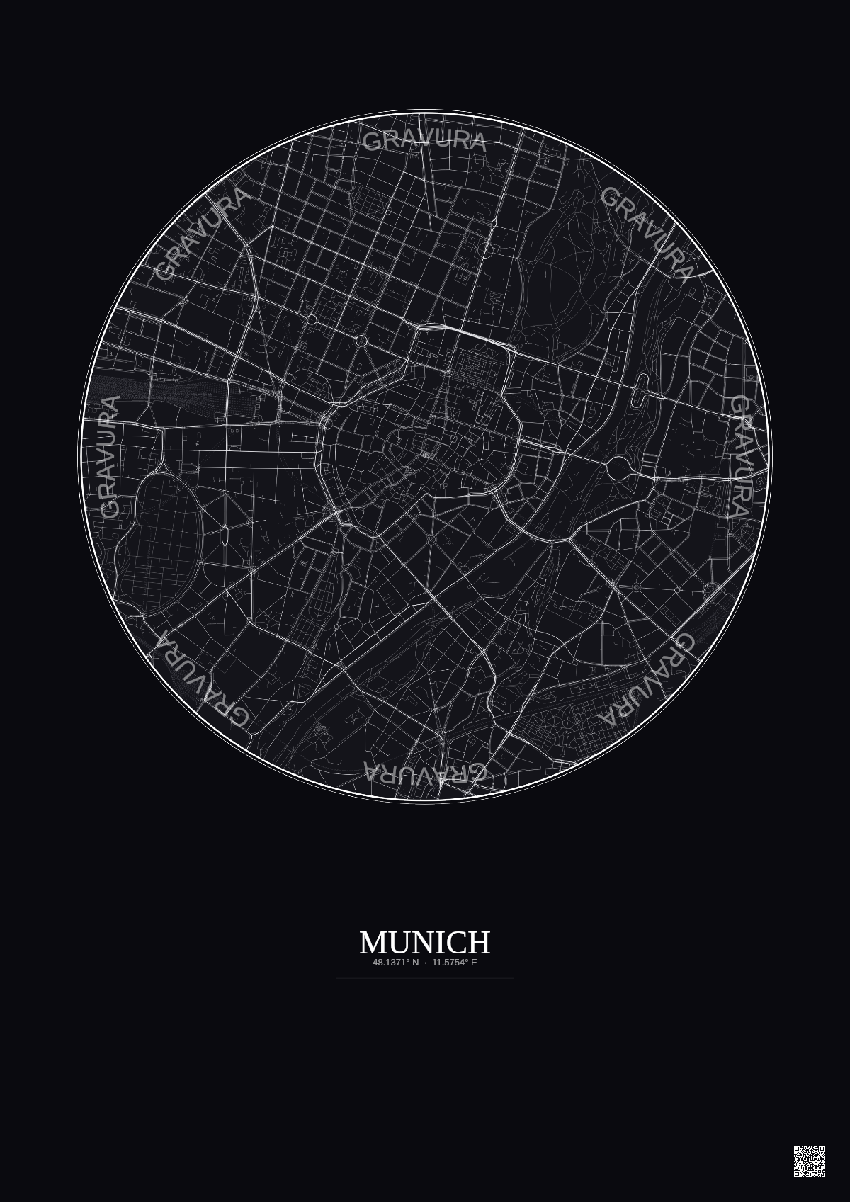 Affiche Munich – Poster carte de ville 2.5km | Gravura – Fond foncé
