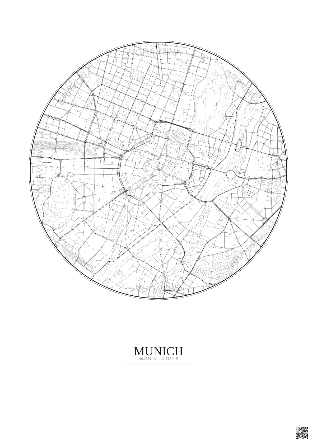 Affiche Munich – Poster carte de ville 2.5km | Gravura – Fond clair