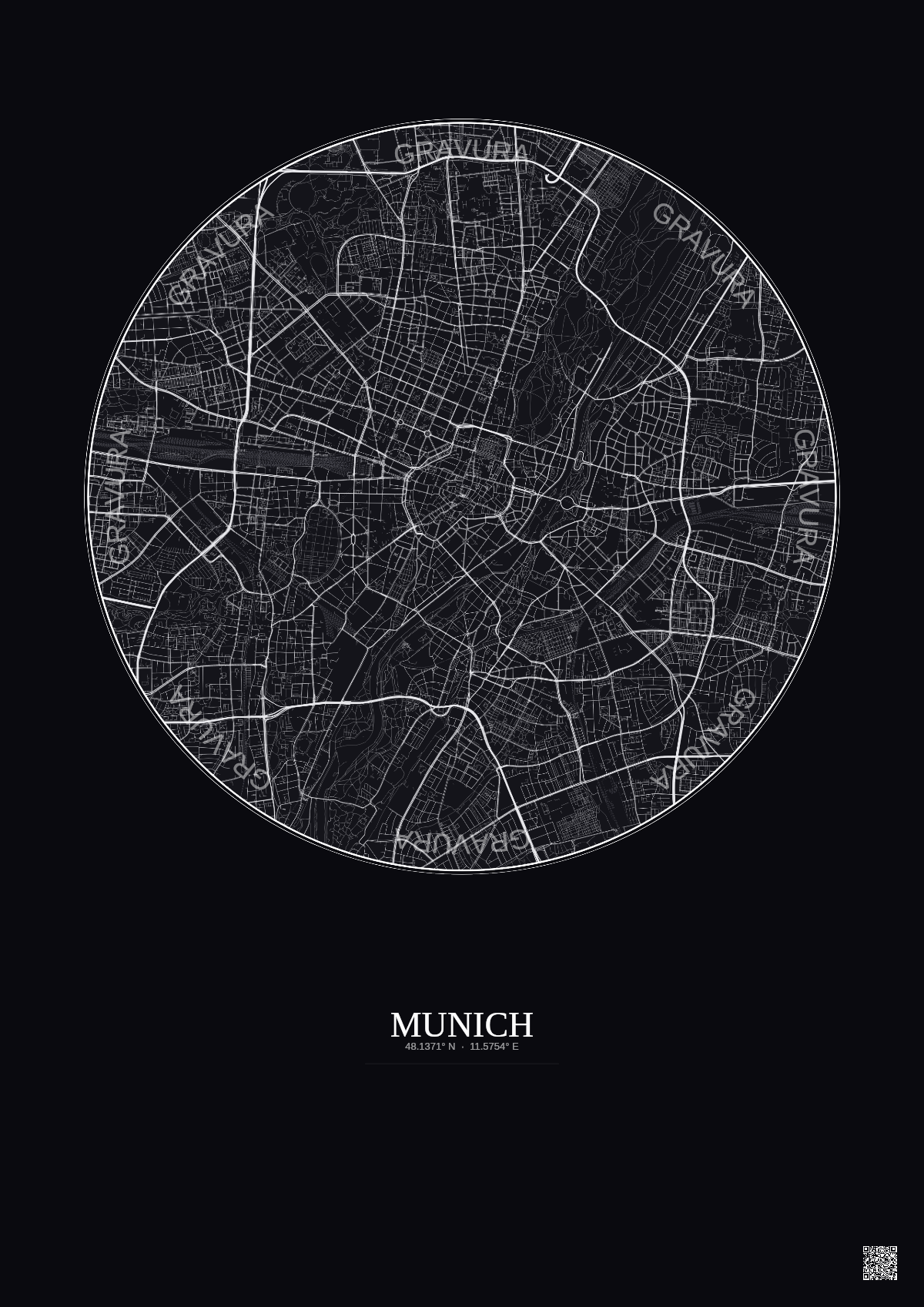 Affiche Munich – Poster carte de ville 5km | Gravura – Fond foncé