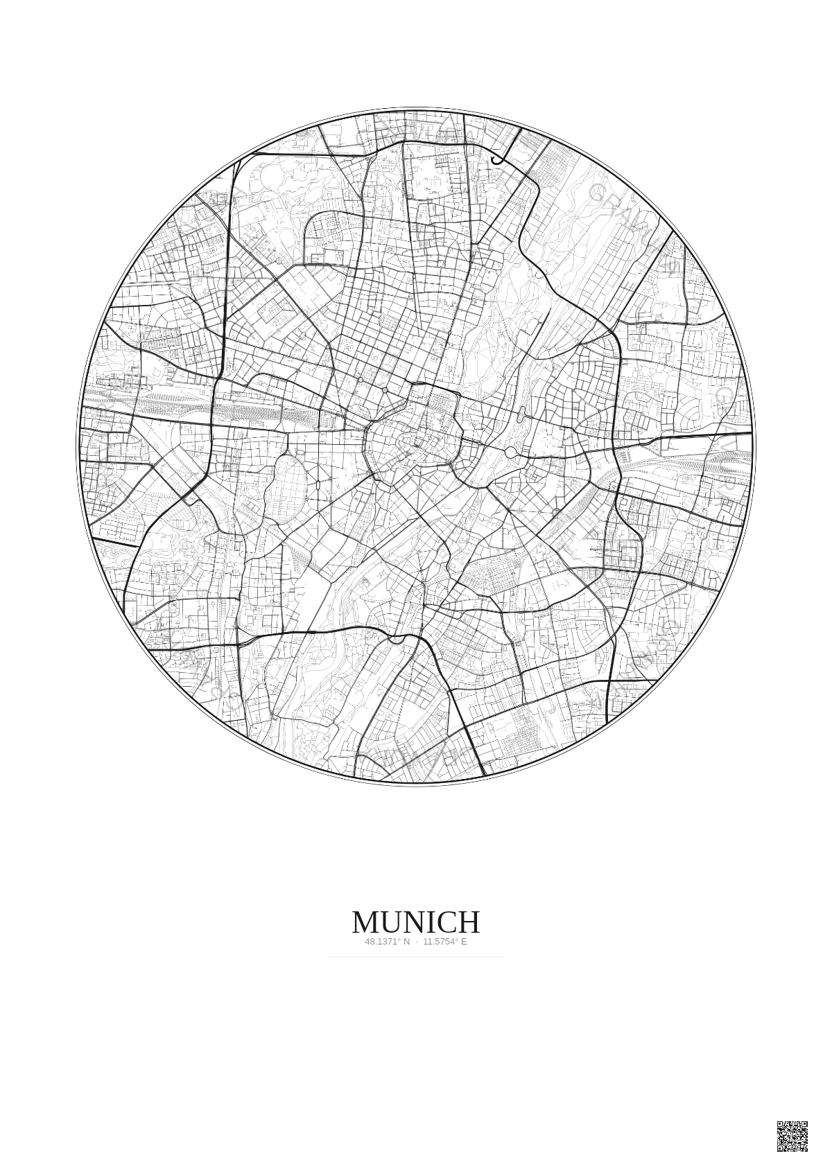 Affiche Munich – Poster carte de ville 5km | Gravura – Fond clair