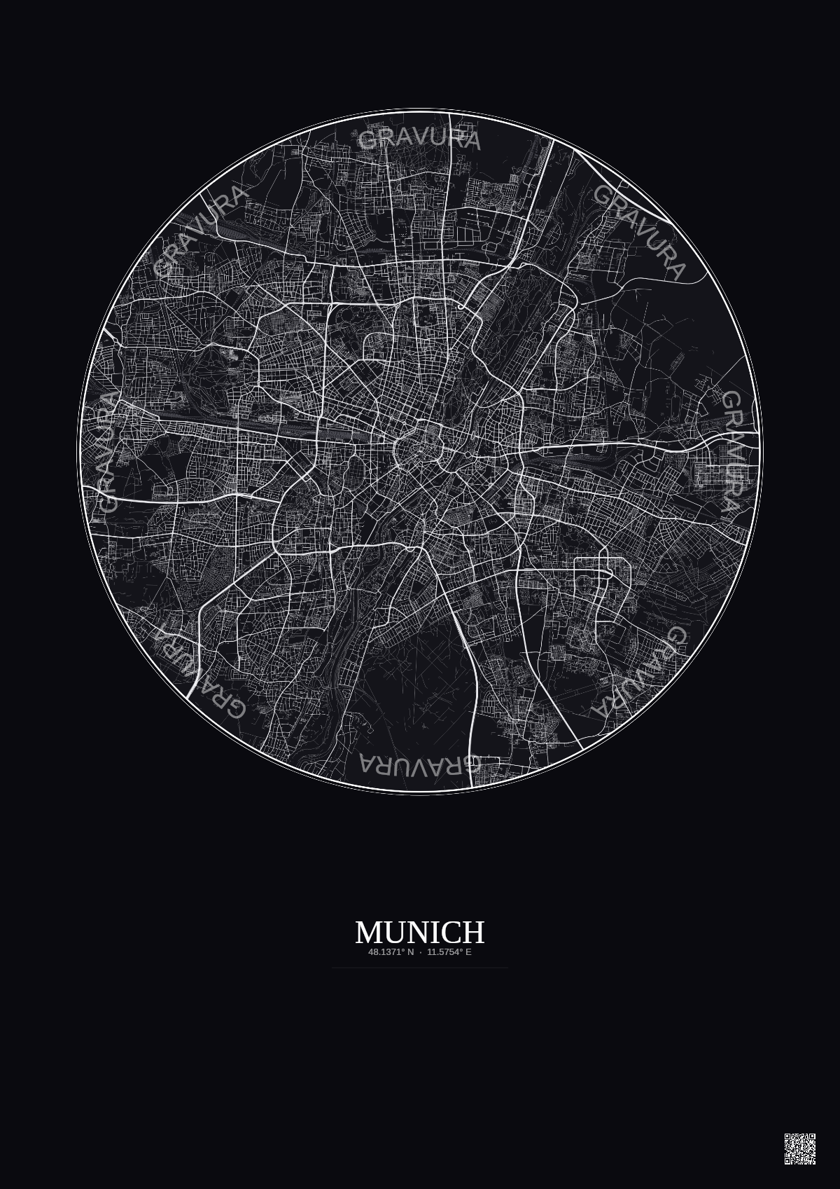 Affiche Munich – Poster carte de ville 10km | Gravura – Fond foncé