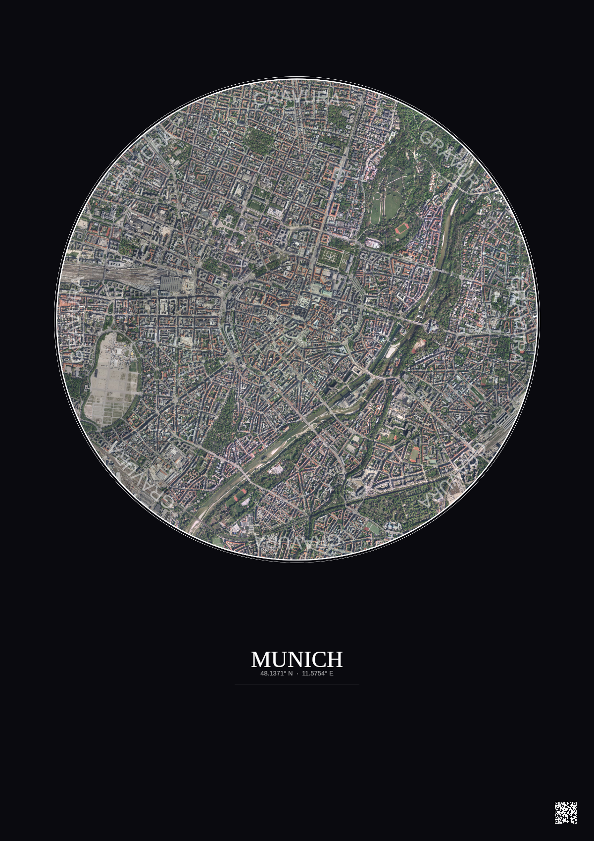 Affiche Munich – Poster vue satellite 2.5km Couleur | Gravura – Fond foncé