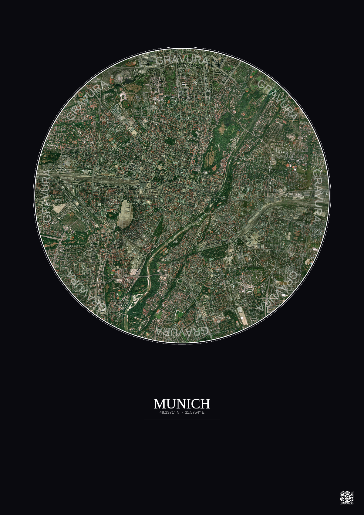 Affiche Munich – Poster vue satellite 5km Couleur | Gravura – Fond foncé