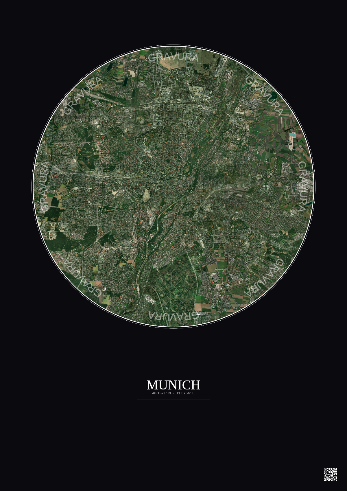 Affiche Munich – Poster vue satellite 10km Couleur | Gravura – Fond foncé