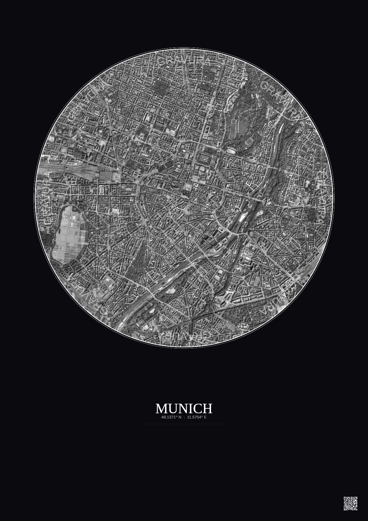 Affiche Munich – Poster vue satellite 2.5km N&B | Gravura – Fond foncé