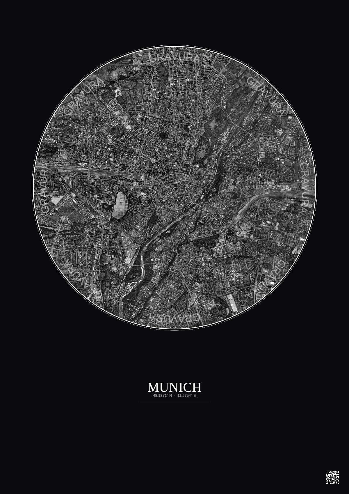Affiche Munich – Poster vue satellite 5km N&B | Gravura – Fond foncé
