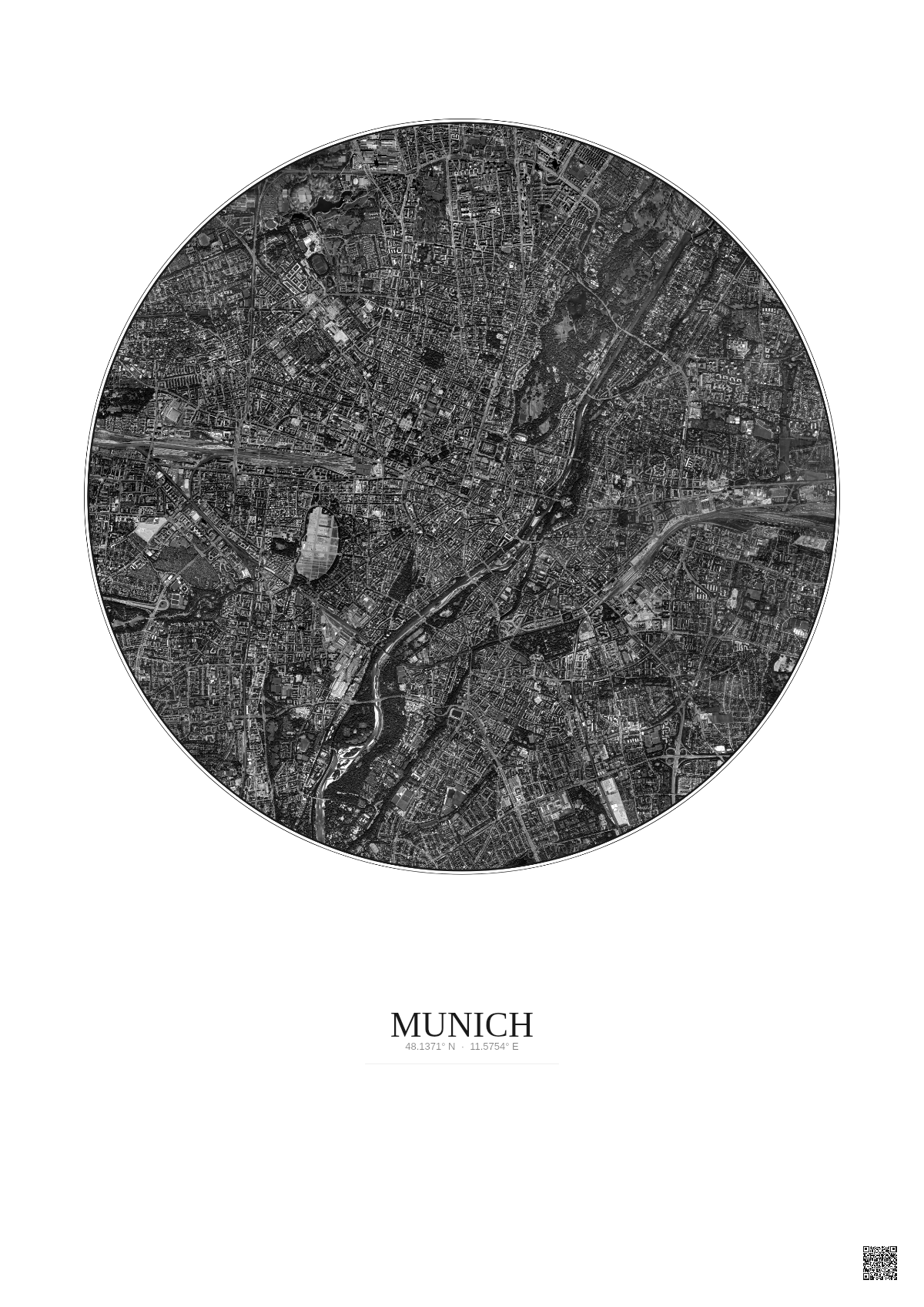 Affiche Munich – Poster vue satellite 5km N&B | Gravura – Fond clair