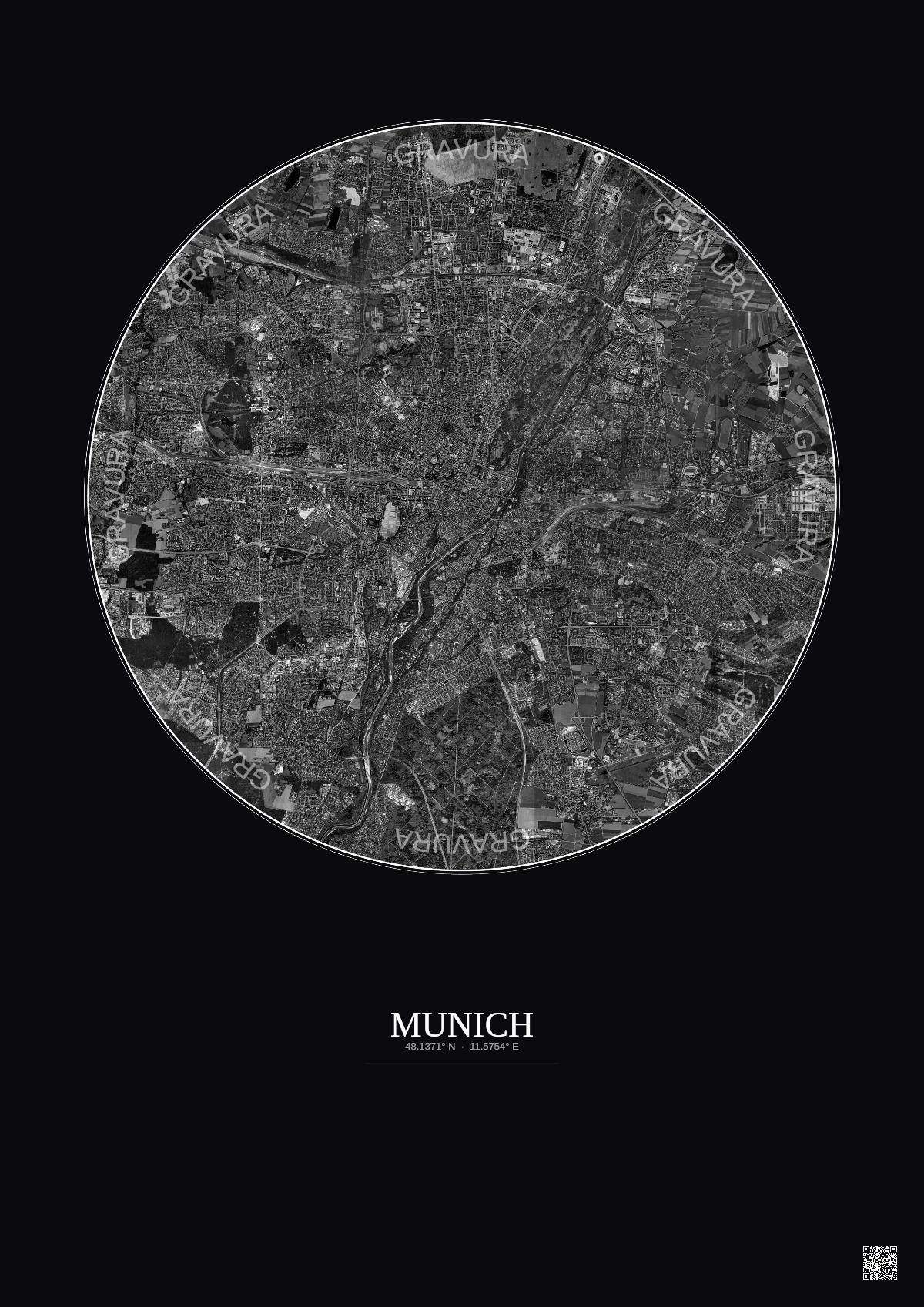 Affiche Munich – Poster vue satellite 10km N&B | Gravura – Fond foncé