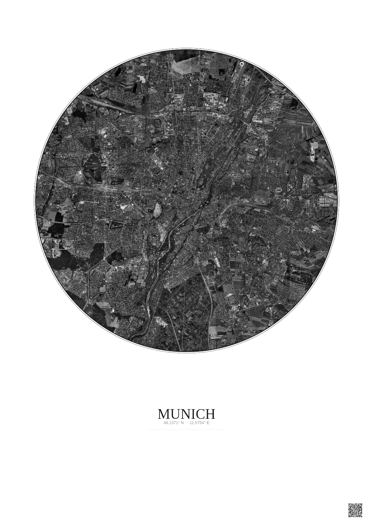Affiche Munich – Poster vue satellite 10km N&B | Gravura – Fond clair