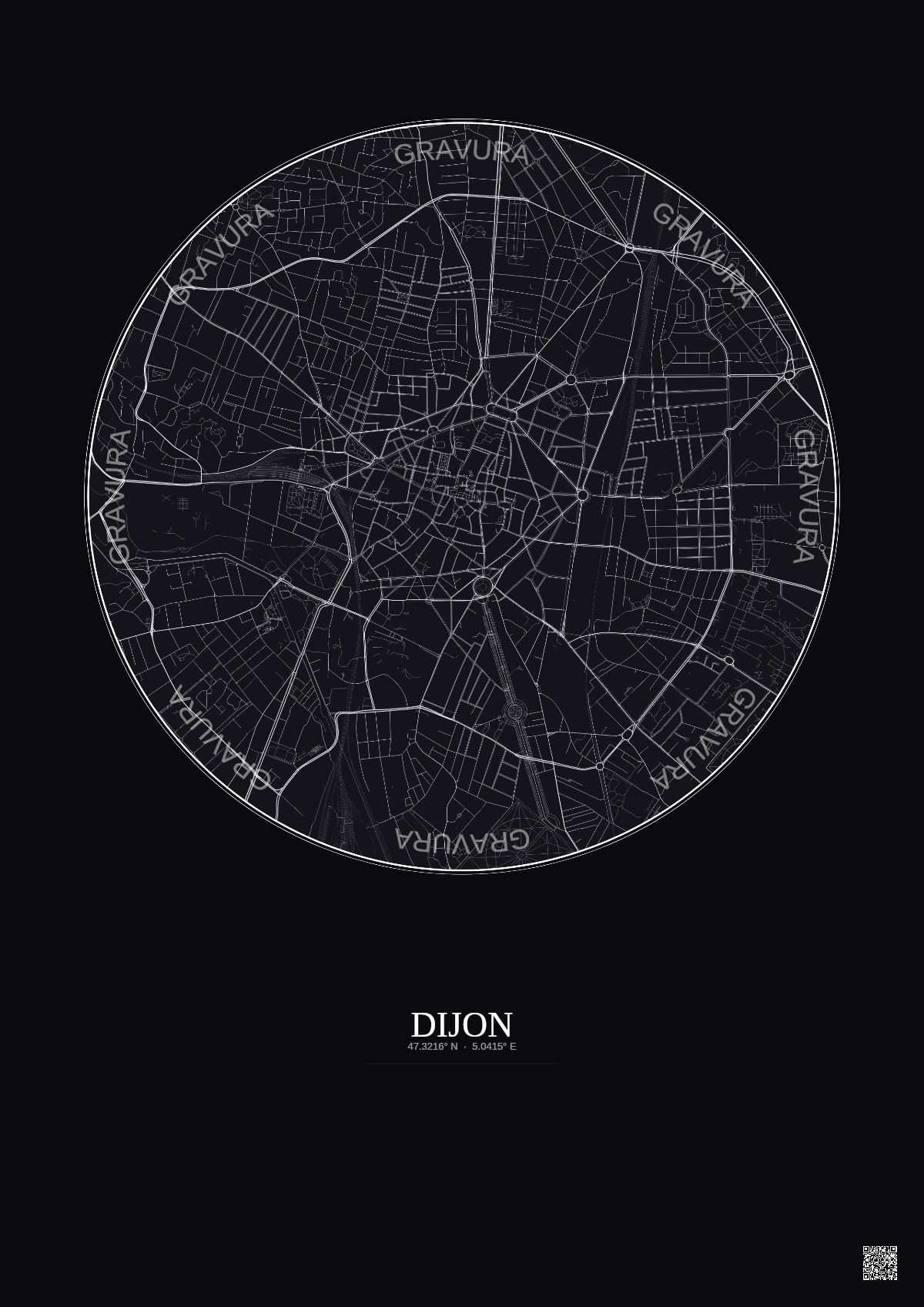 Affiche Dijon – Poster carte de ville 2.5km | Gravura – Fond foncé