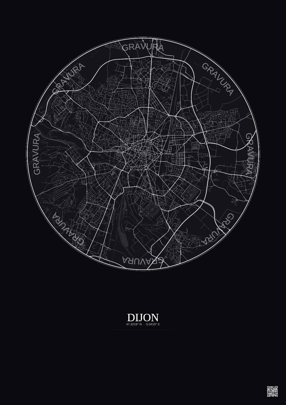 Affiche Dijon – Poster carte de ville 5km | Gravura – Fond foncé