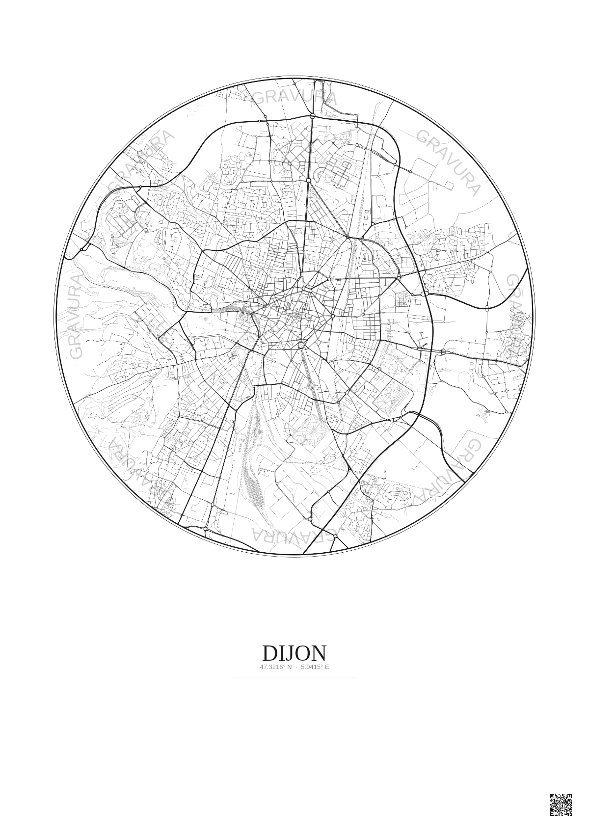 Affiche Dijon – Poster carte de ville 5km | Gravura – Fond clair