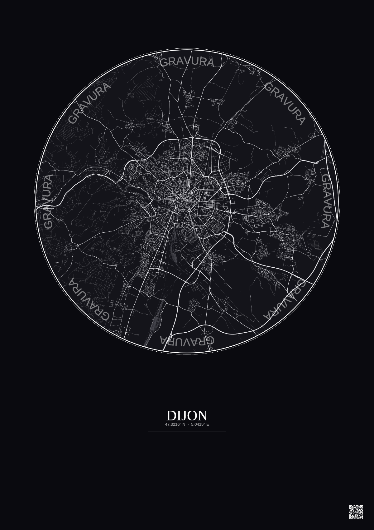 Affiche Dijon – Poster carte de ville 10km | Gravura – Fond foncé