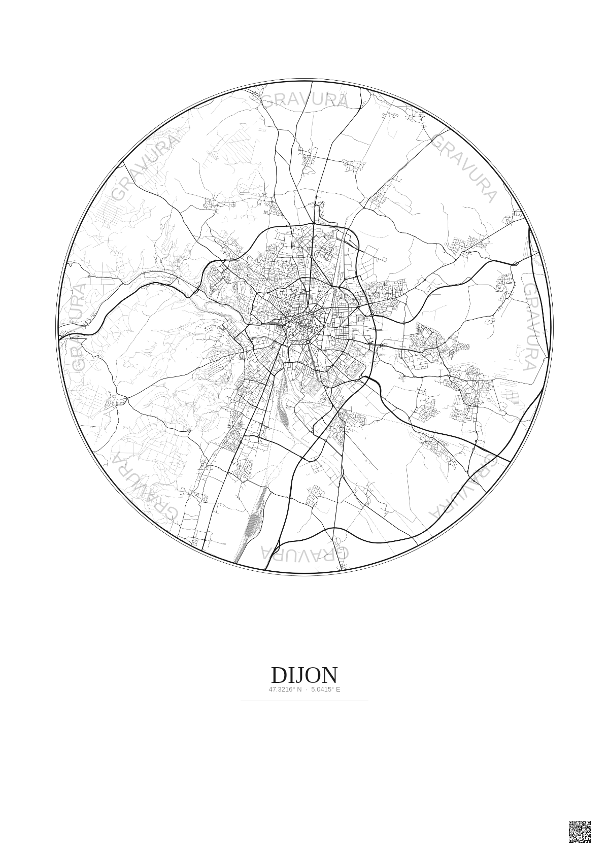 Affiche Dijon – Poster carte de ville 10km | Gravura – Fond clair