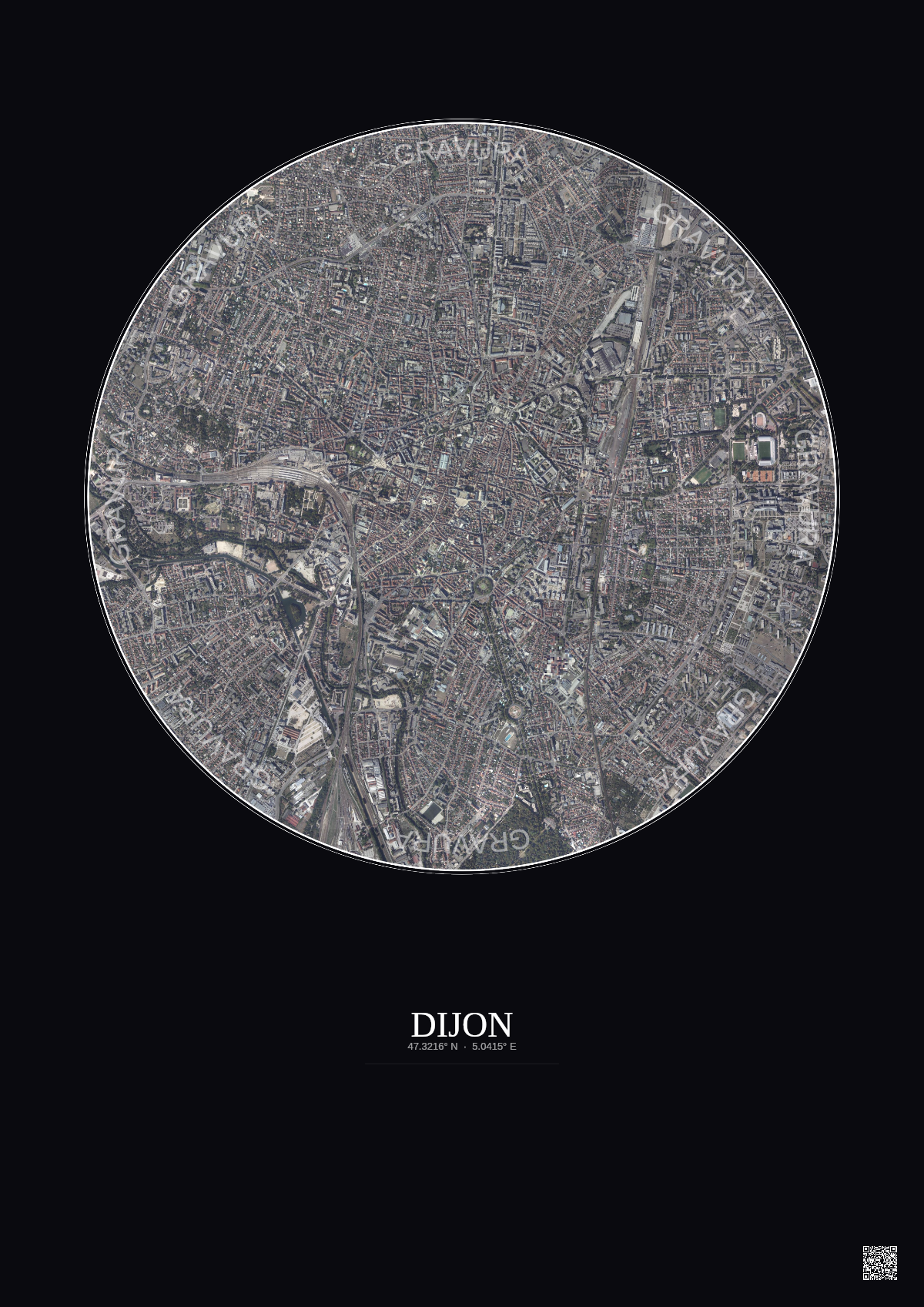 Affiche Dijon – Poster vue satellite 2.5km Couleur | Gravura – Fond foncé