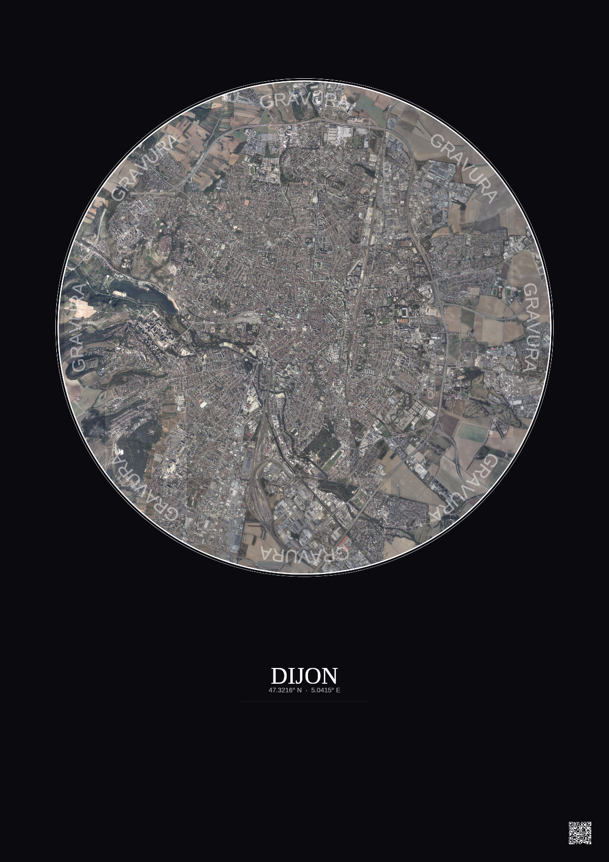 Affiche Dijon – Poster vue satellite 5km Couleur | Gravura – Fond foncé