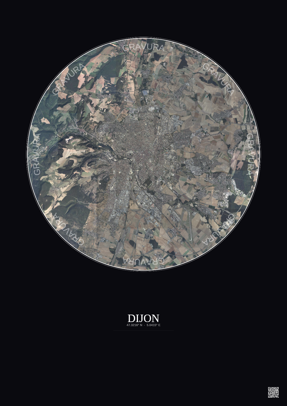 Affiche Dijon – Poster vue satellite 10km Couleur | Gravura – Fond foncé