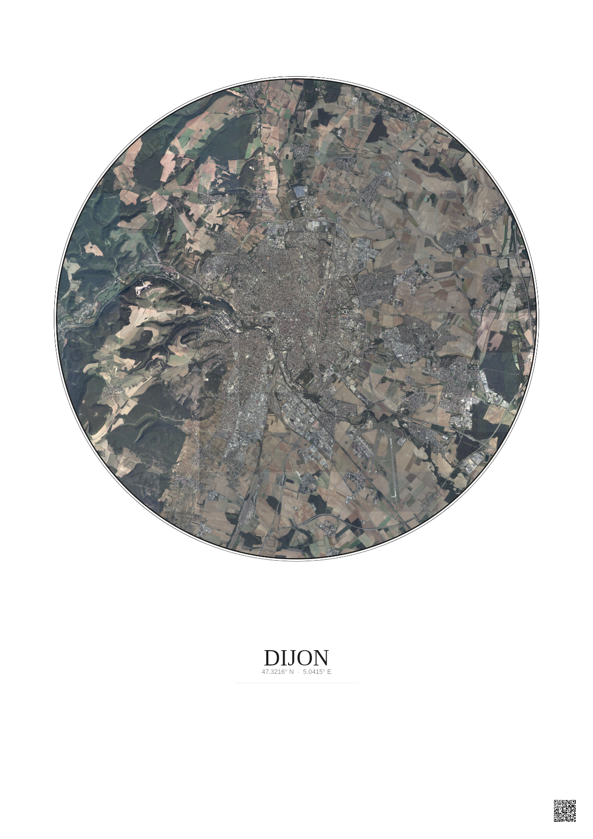 Affiche Dijon – Poster vue satellite 10km Couleur | Gravura – Fond clair
