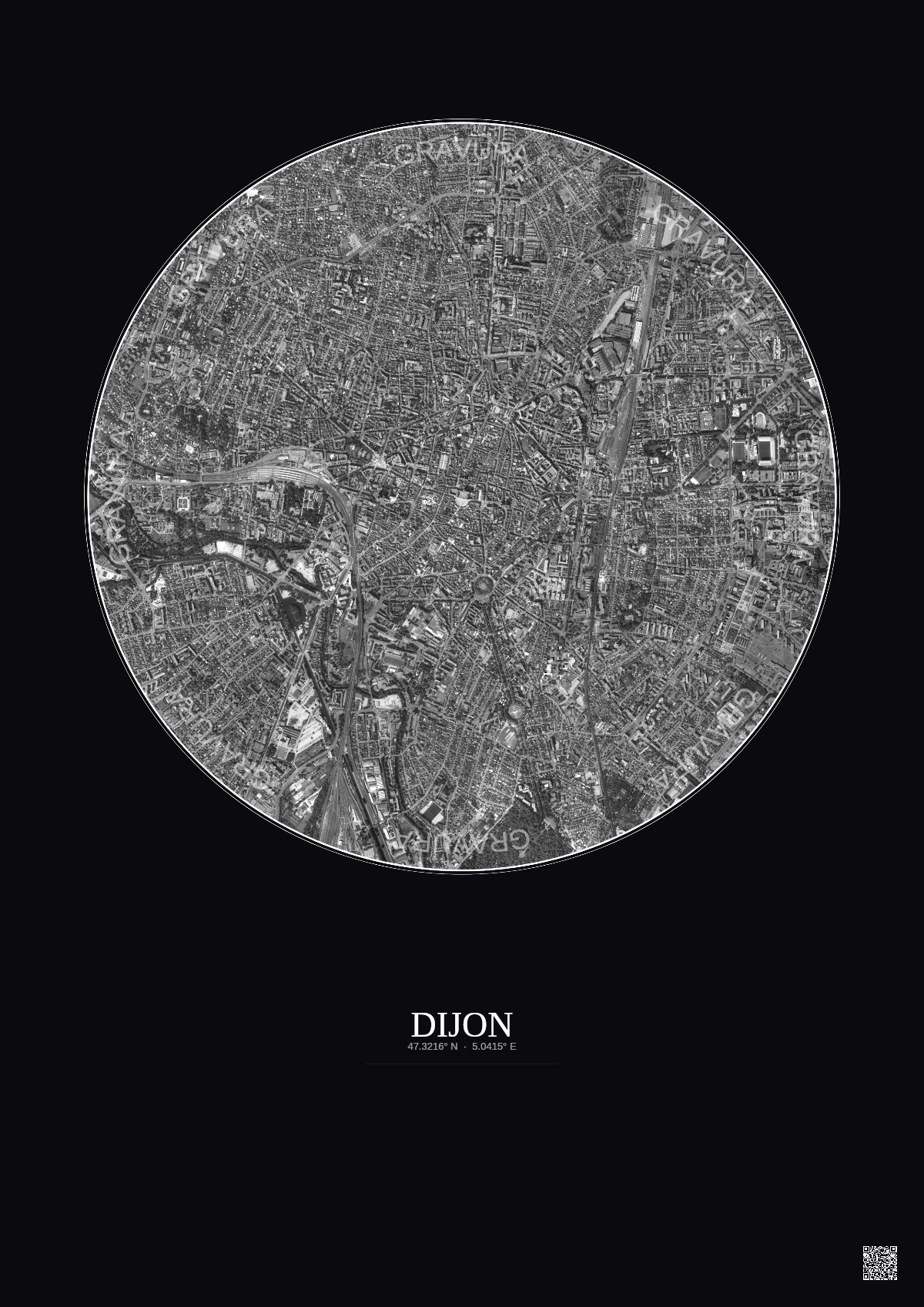 Affiche Dijon – Poster vue satellite 2.5km N&B | Gravura – Fond foncé