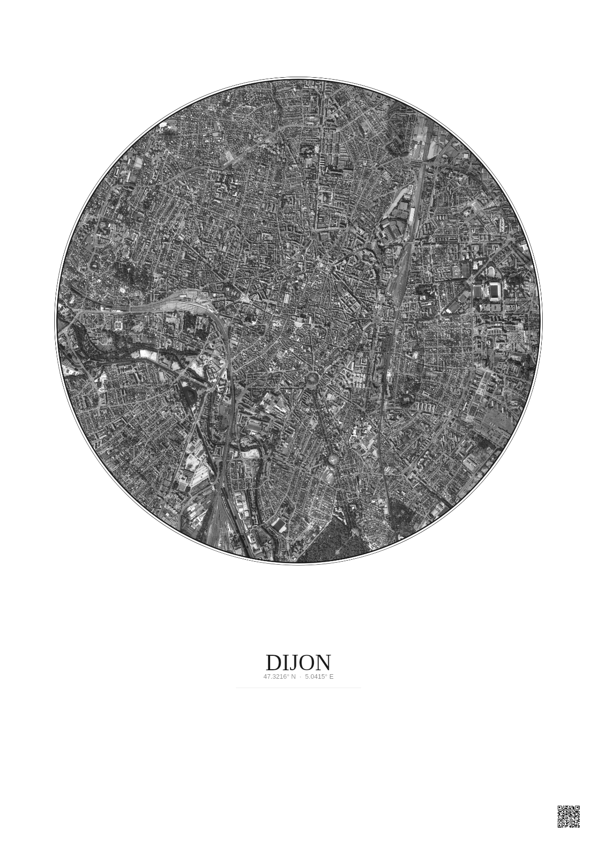 Affiche Dijon – Poster vue satellite 2.5km N&B | Gravura – Fond clair