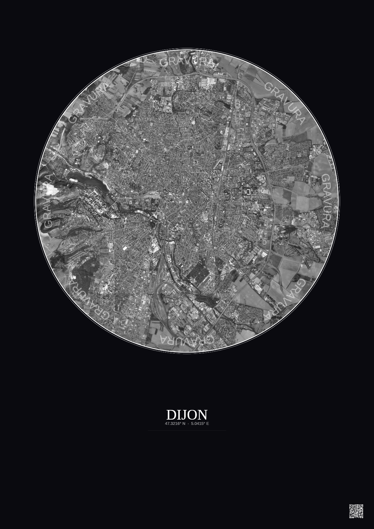 Affiche Dijon – Poster vue satellite 5km N&B | Gravura – Fond foncé
