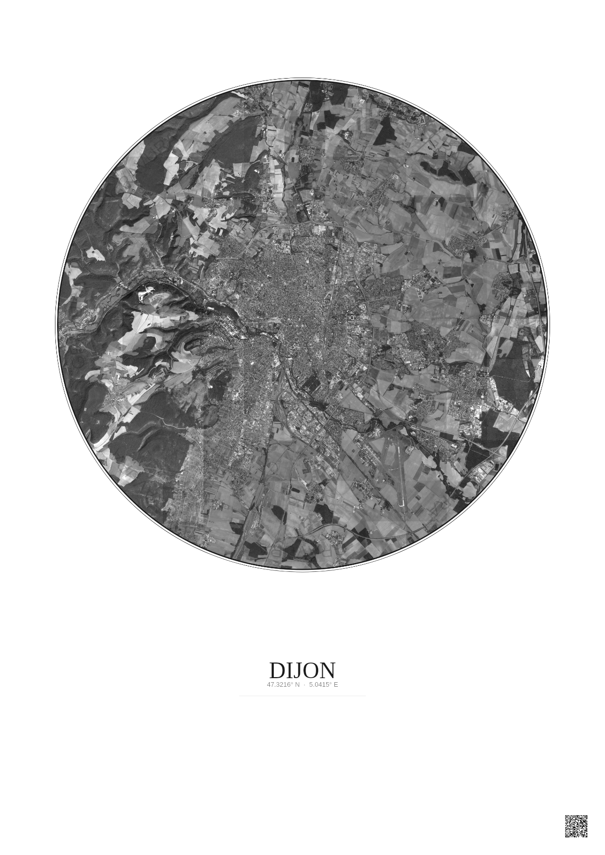 Affiche Dijon – Poster vue satellite 10km N&B | Gravura – Fond clair