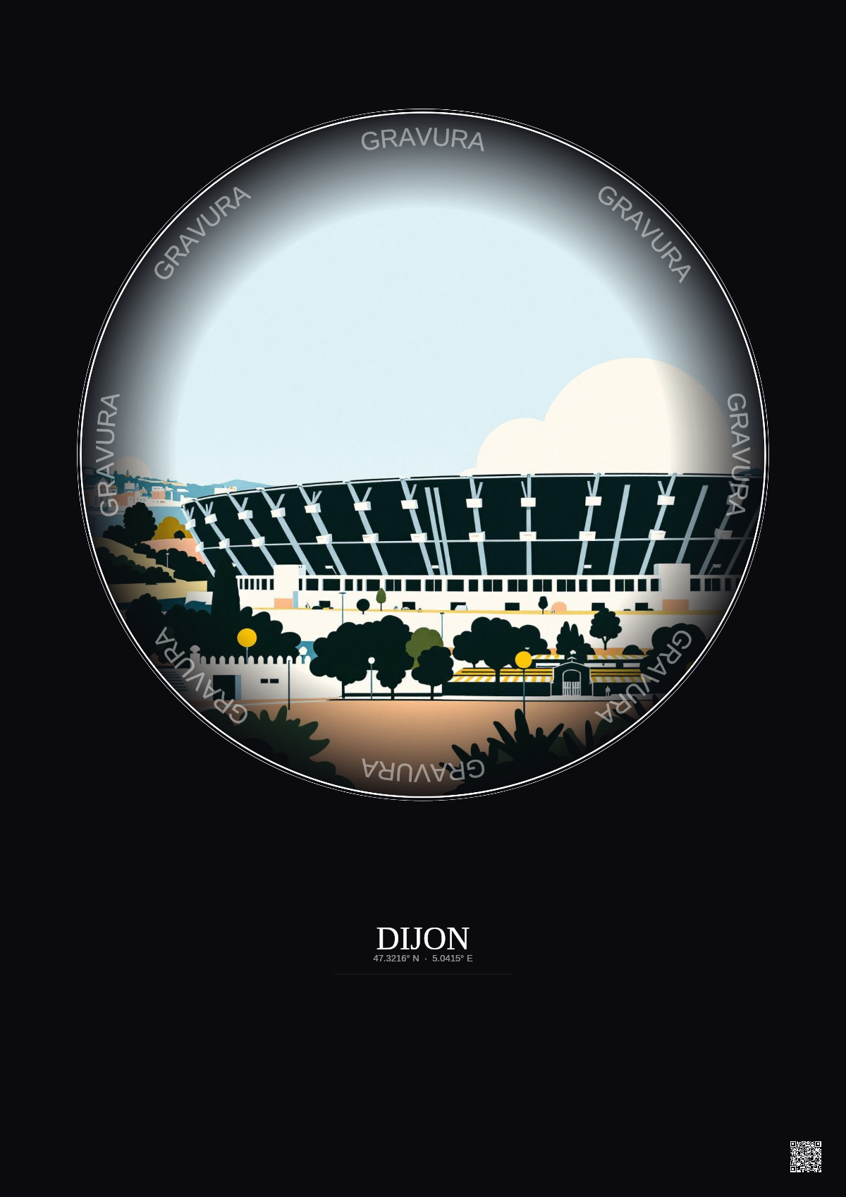 Affiche Dijon – Poster illustration vintage – Stade Gaston Gerard | Gravura – Fond foncé
